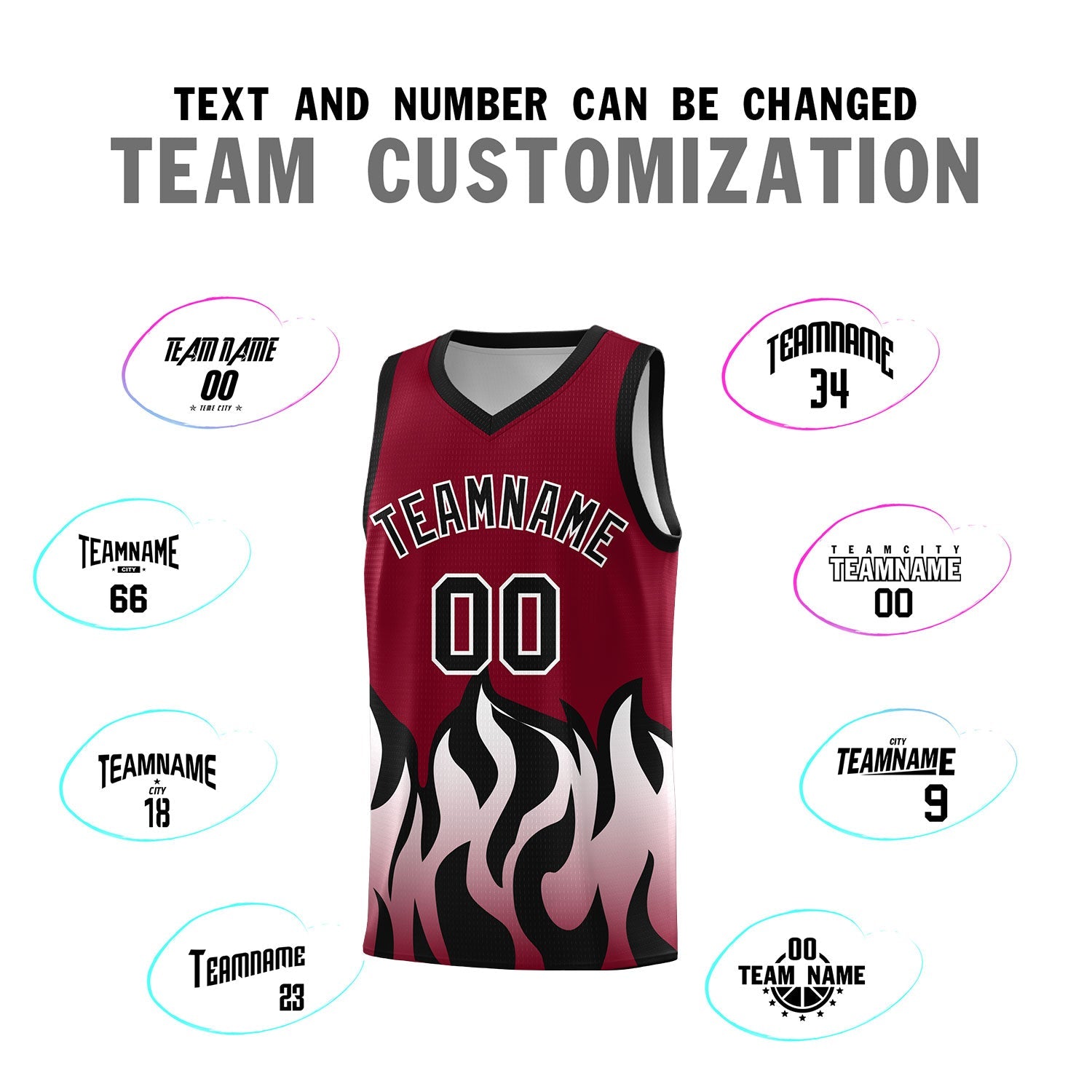 Custom Crimson Black Hem Flame Pattern Fashion Sports Uniform Basketball Kits