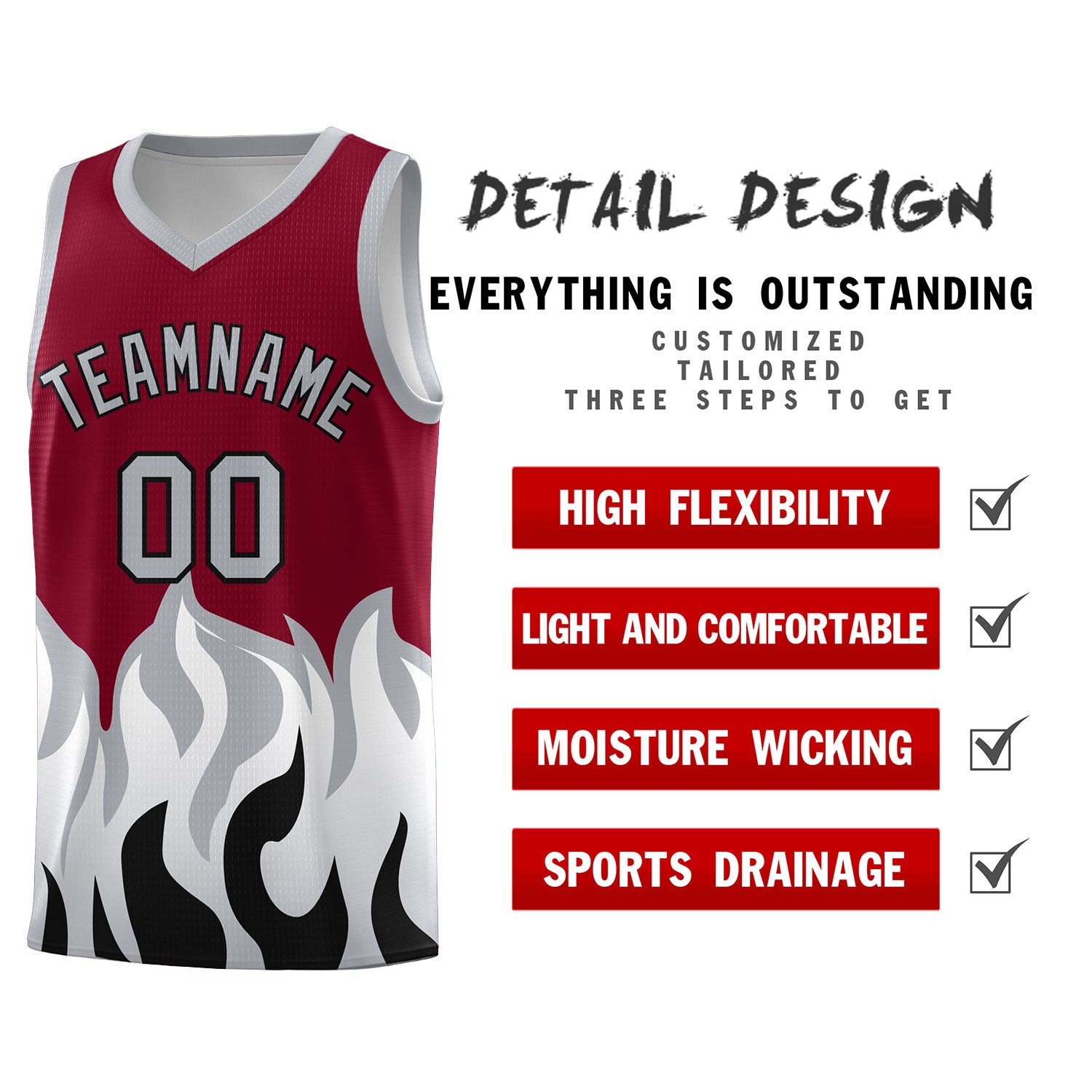 Custom Crimson Gray Hem Flame Pattern Fashion Sports Uniform Basketball Kits