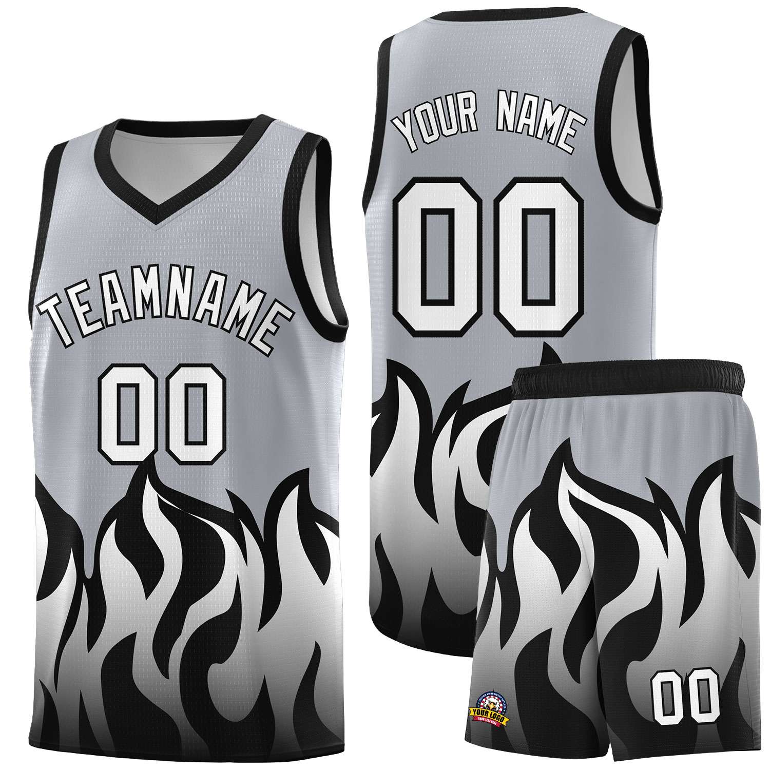 Custom Gray Black Hem Flame Pattern Fashion Sports Uniform Basketball Kits