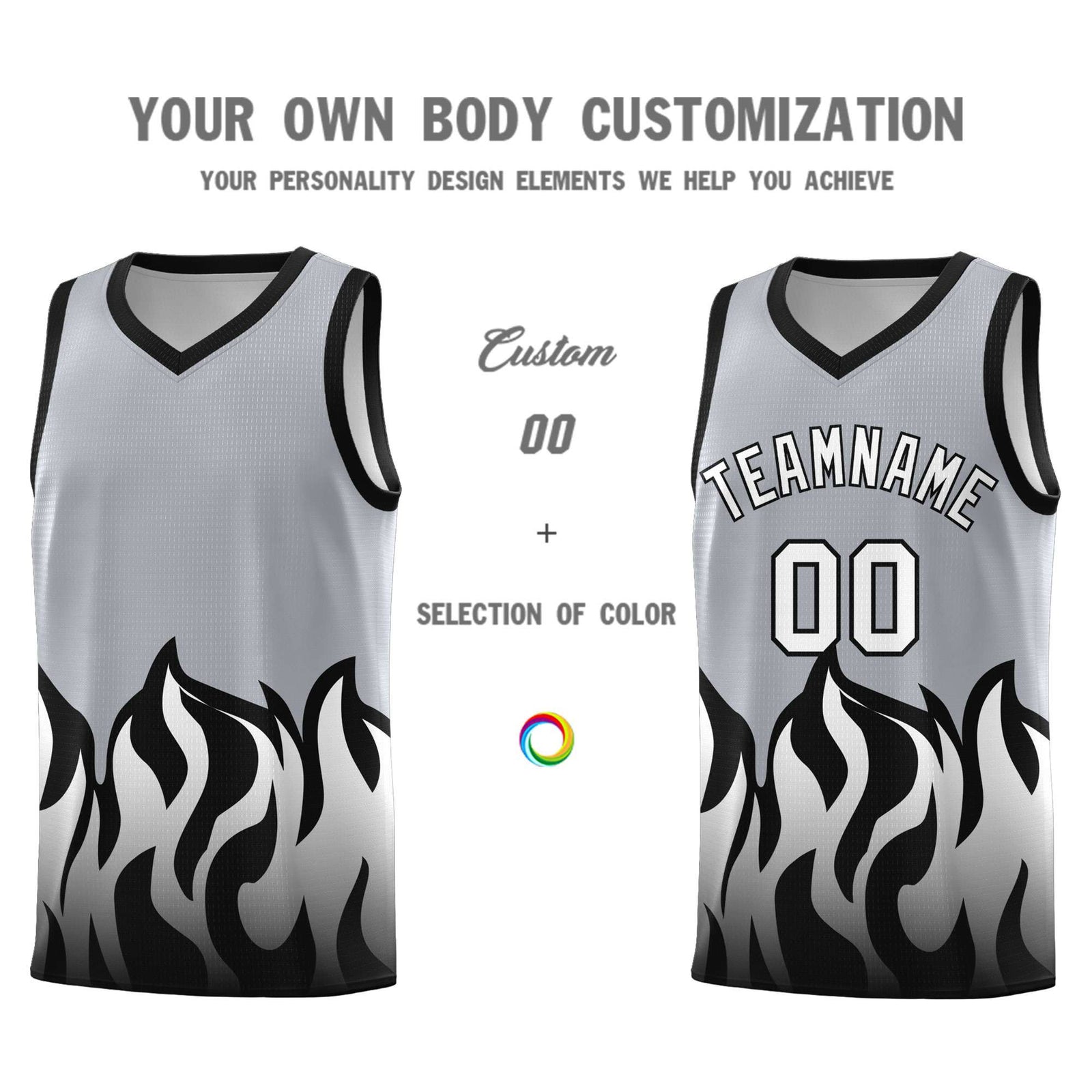Custom Gray Black Hem Flame Pattern Fashion Sports Uniform Basketball Kits