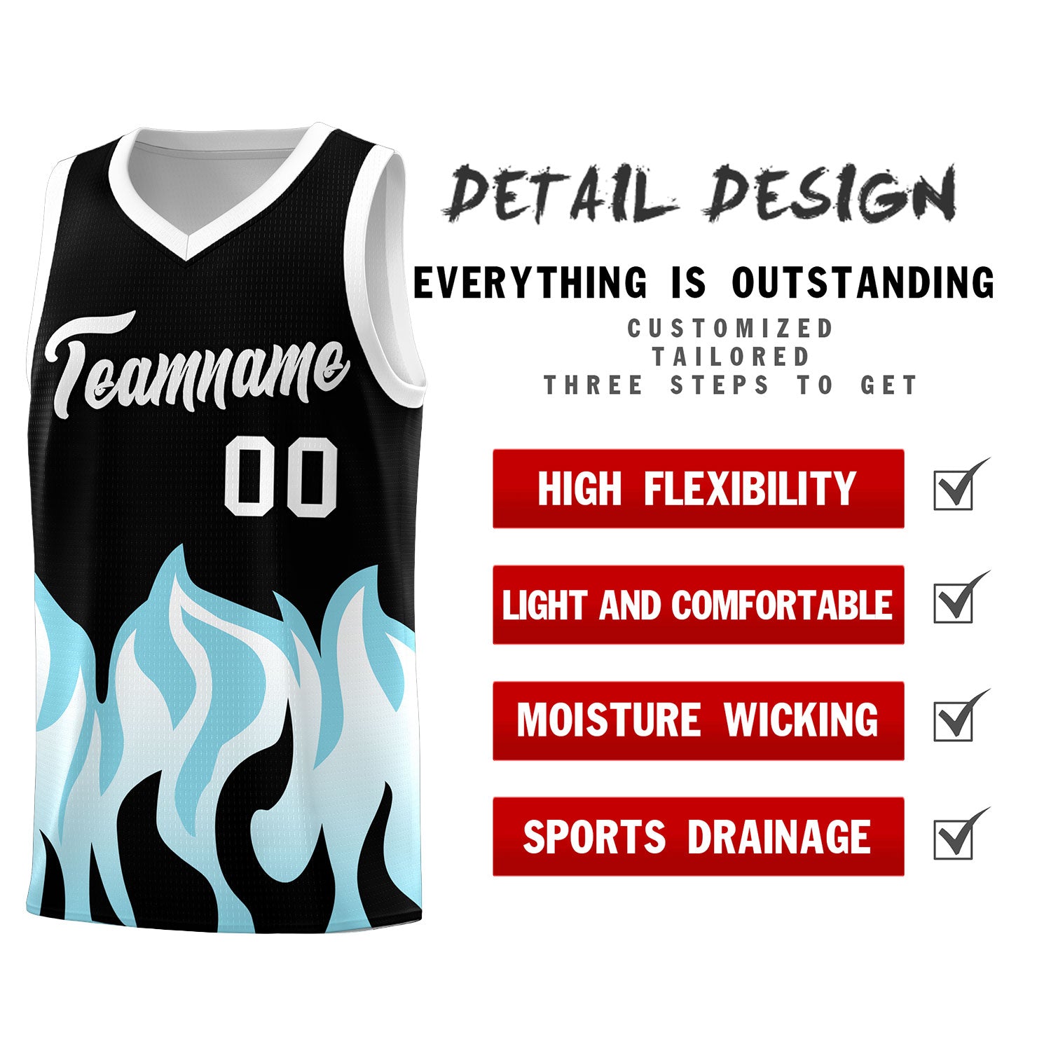 Custom Black Sky Blue Hem Flame Pattern Fashion Sports Uniform Basketball Kits