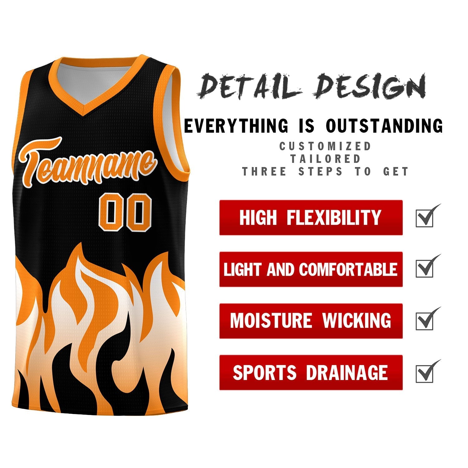 Custom Black Orange Hem Flame Pattern Fashion Sports Uniform Basketball Kits