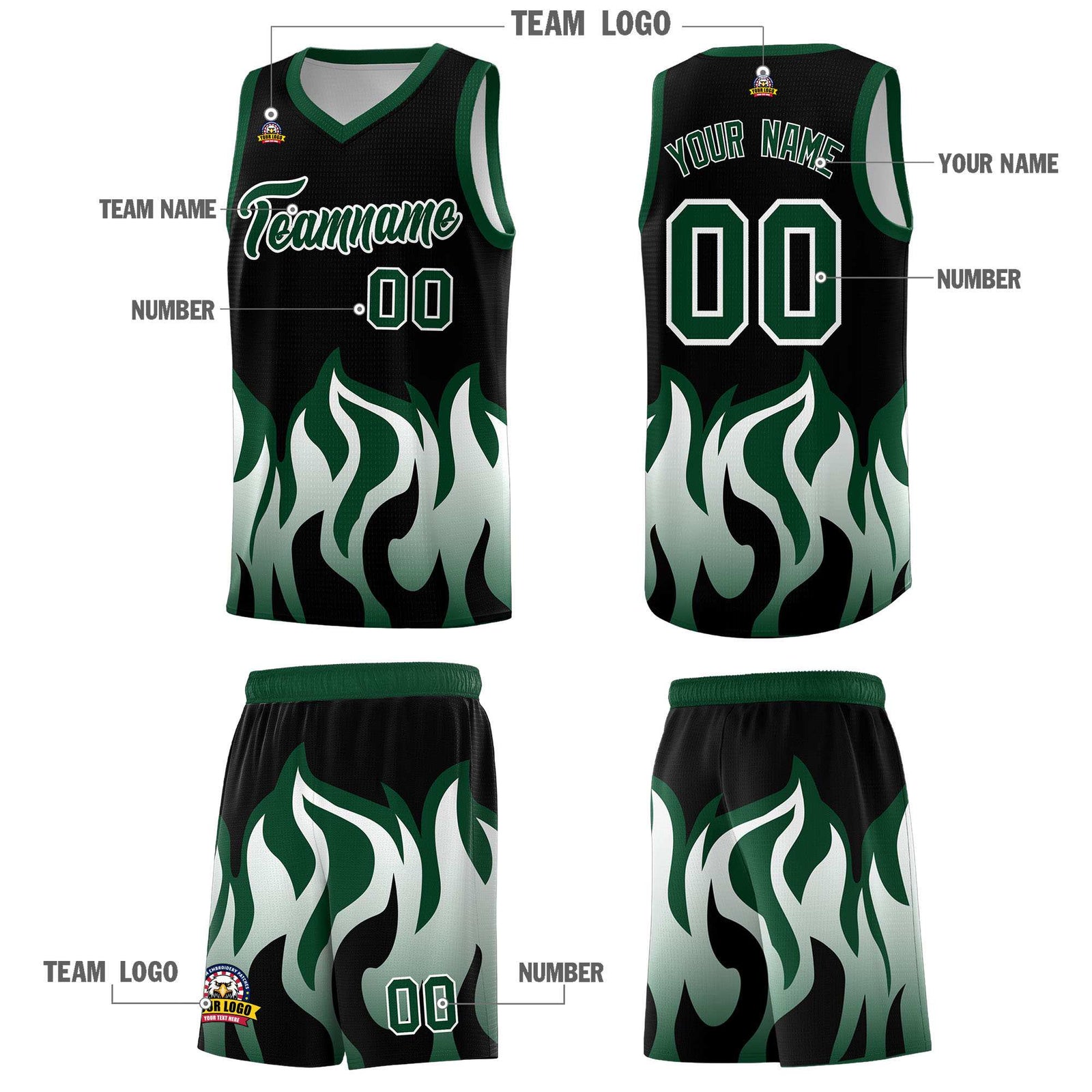 Custom Black Hunter Green Hem Flame Pattern Fashion Sports Uniform Basketball Kits