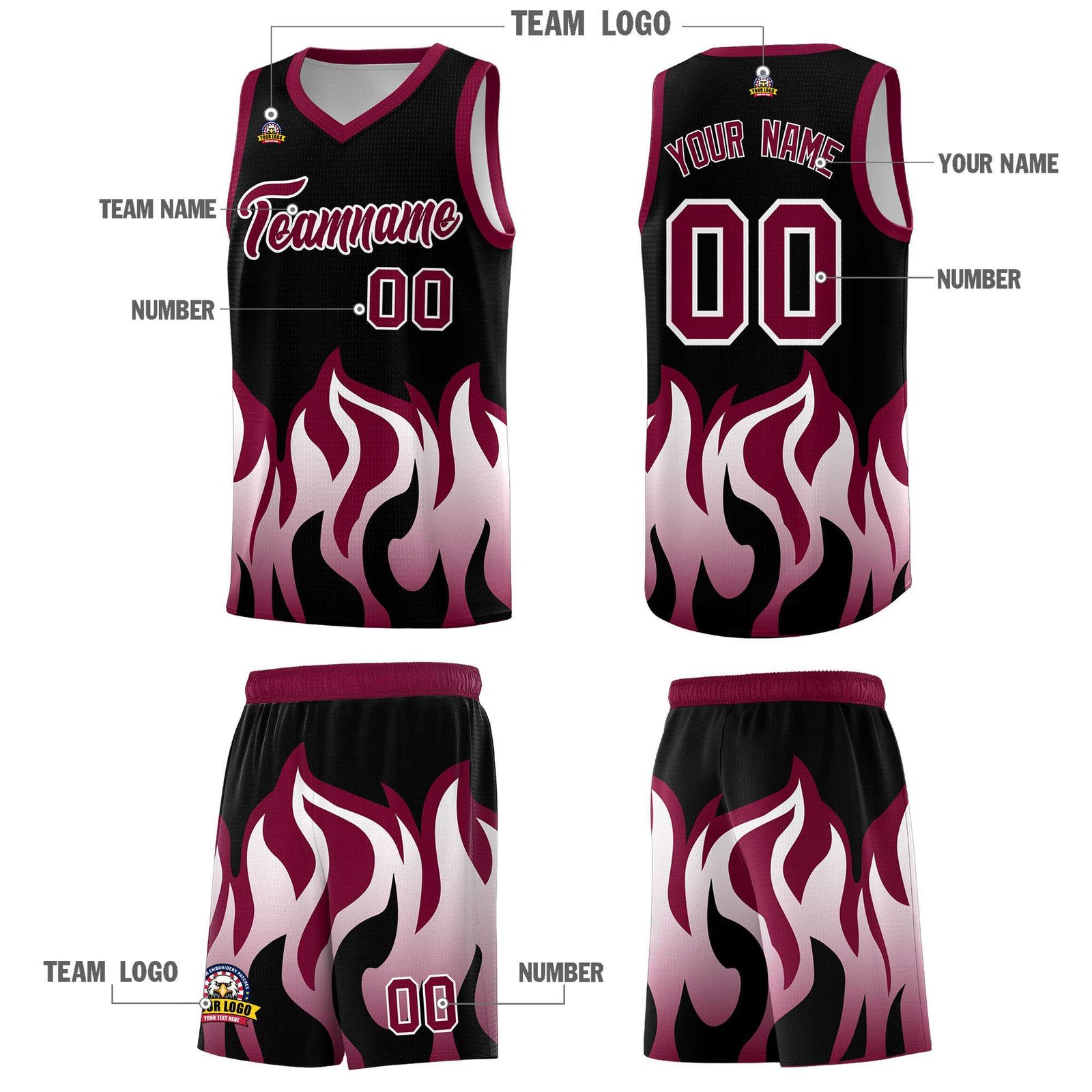 Custom Black Crimson Hem Flame Pattern Fashion Sports Uniform Basketball Kits