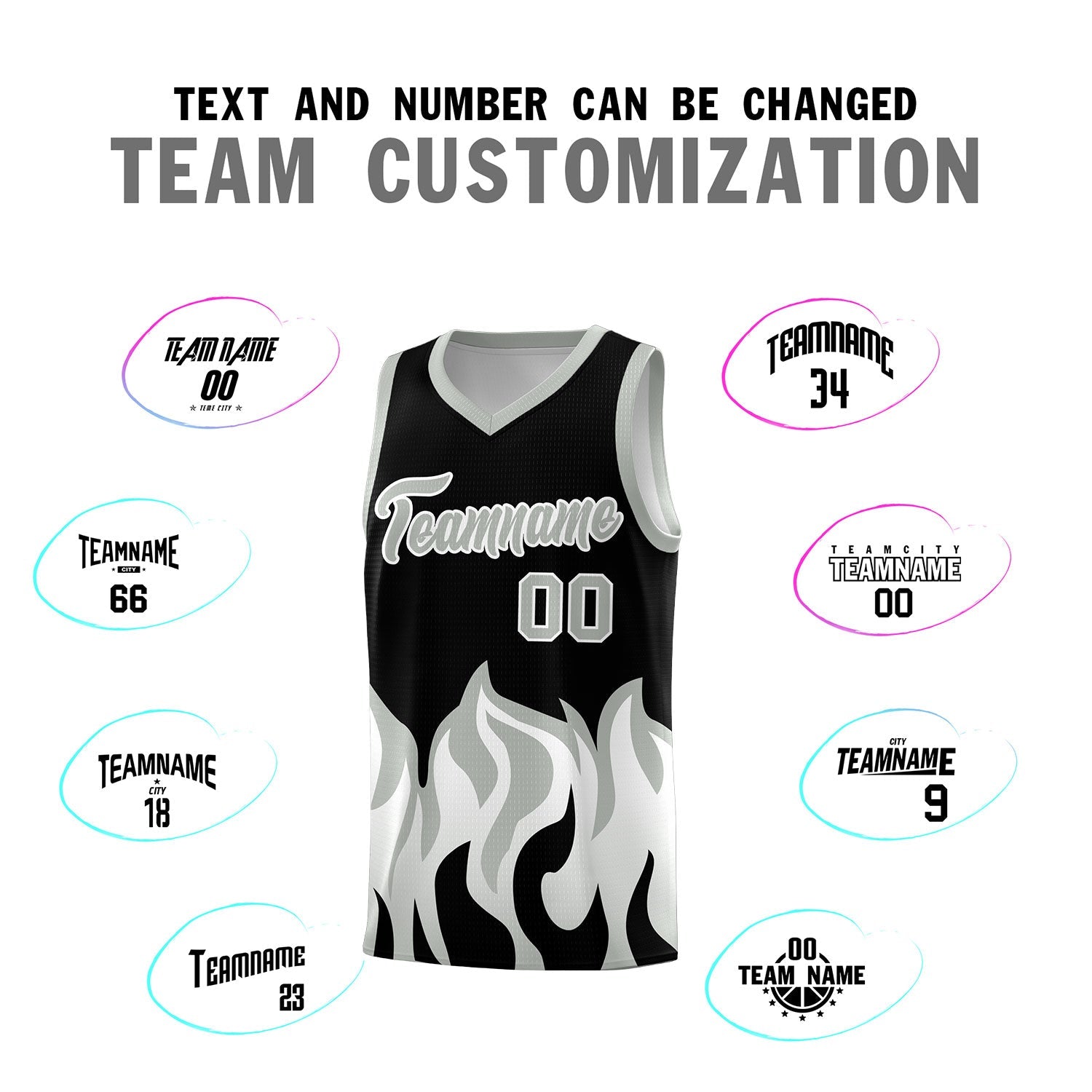 Custom Black Gray Hem Flame Pattern Fashion Sports Uniform Basketball Kits