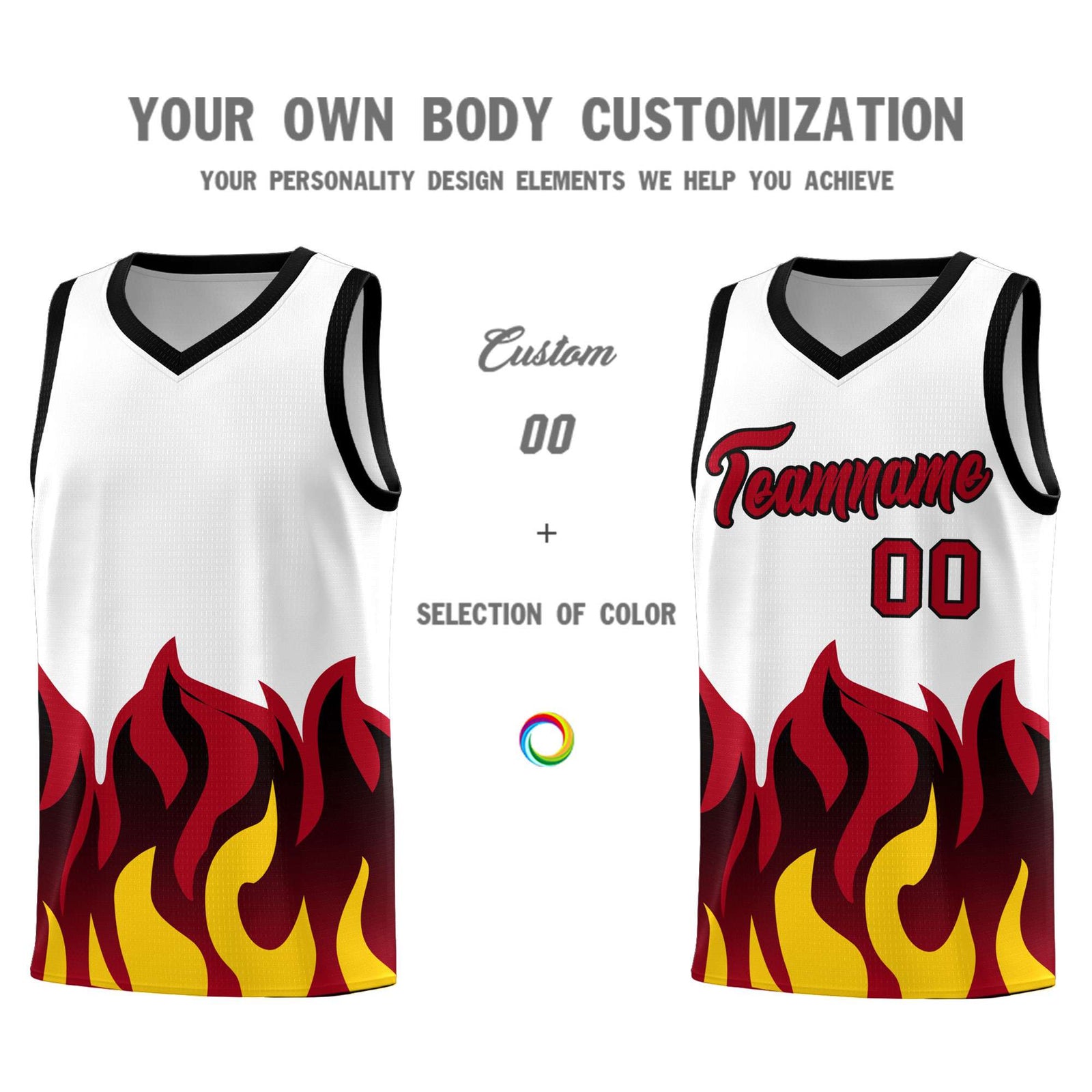 Custom White Red Hem Flame Pattern Fashion Sports Uniform Basketball Kits