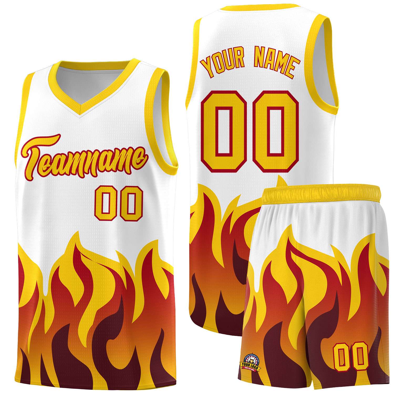 Custom White Gold Hem Flame Pattern Fashion Sports Uniform Basketball Kits