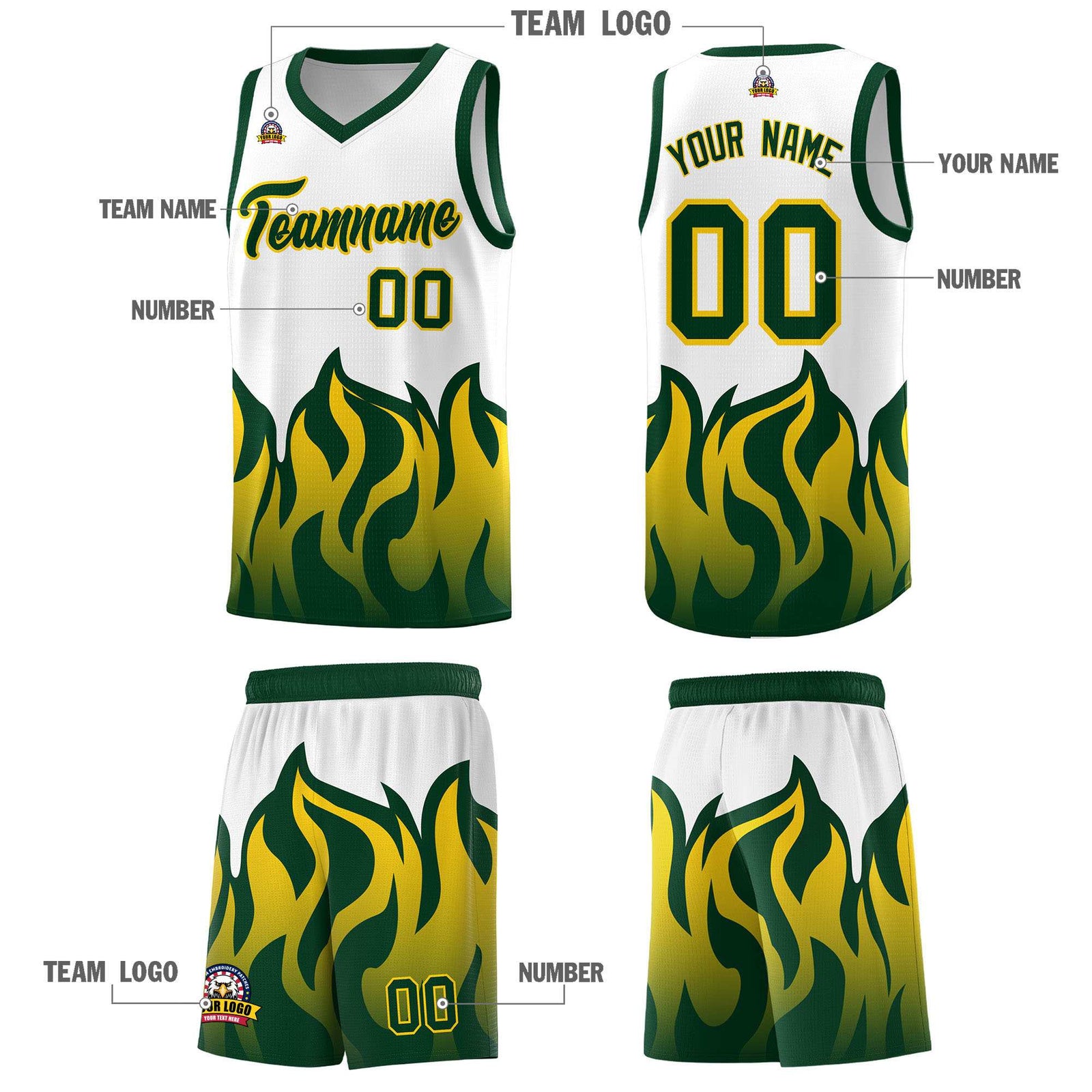 Custom White Hunter Green Hem Flame Pattern Fashion Sports Uniform Basketball Kits