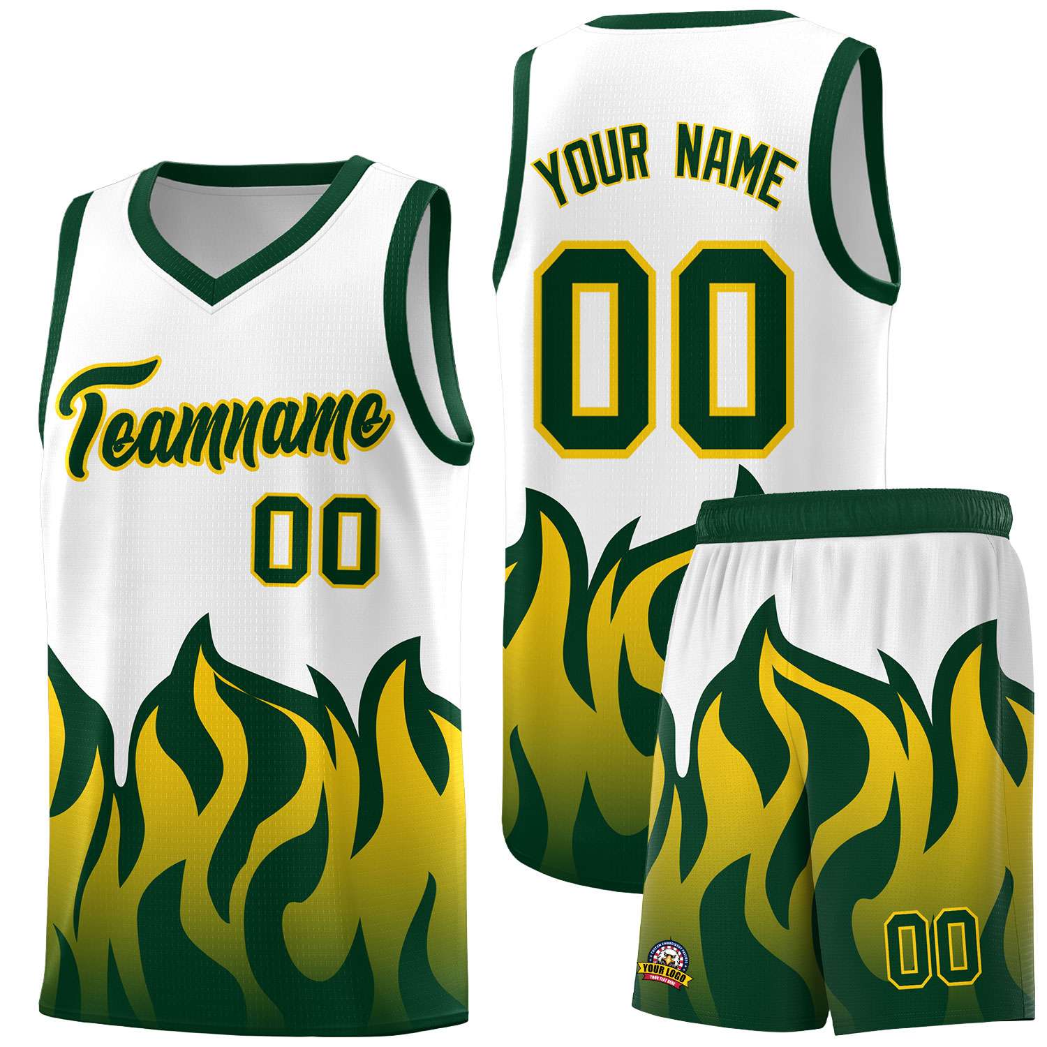 Custom White Hunter Green Hem Flame Pattern Fashion Sports Uniform Basketball Kits