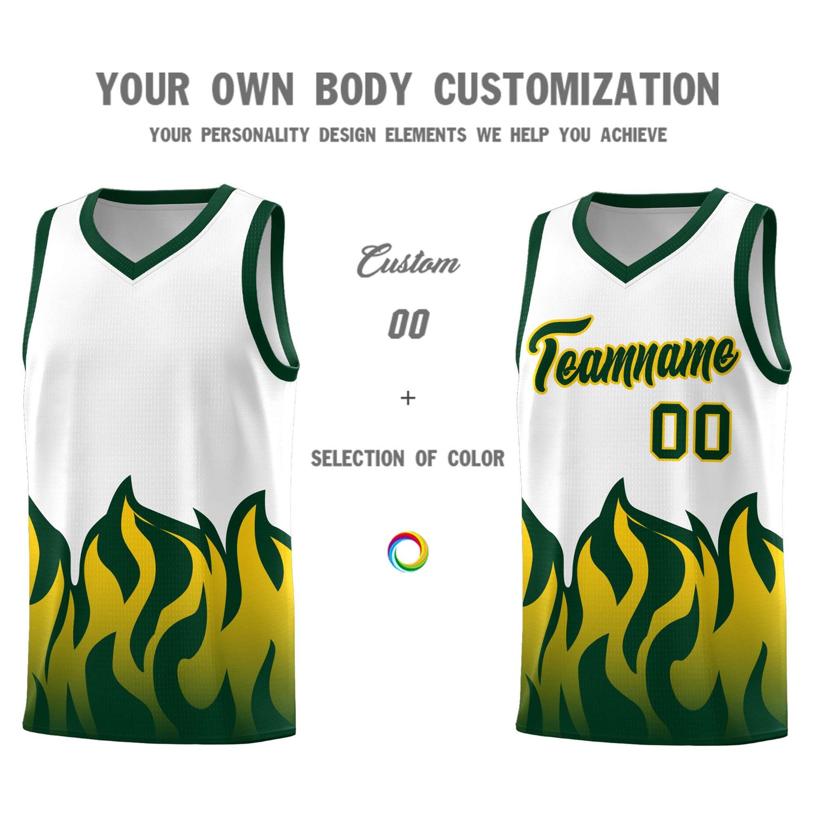 Custom White Hunter Green Hem Flame Pattern Fashion Sports Uniform Basketball Kits