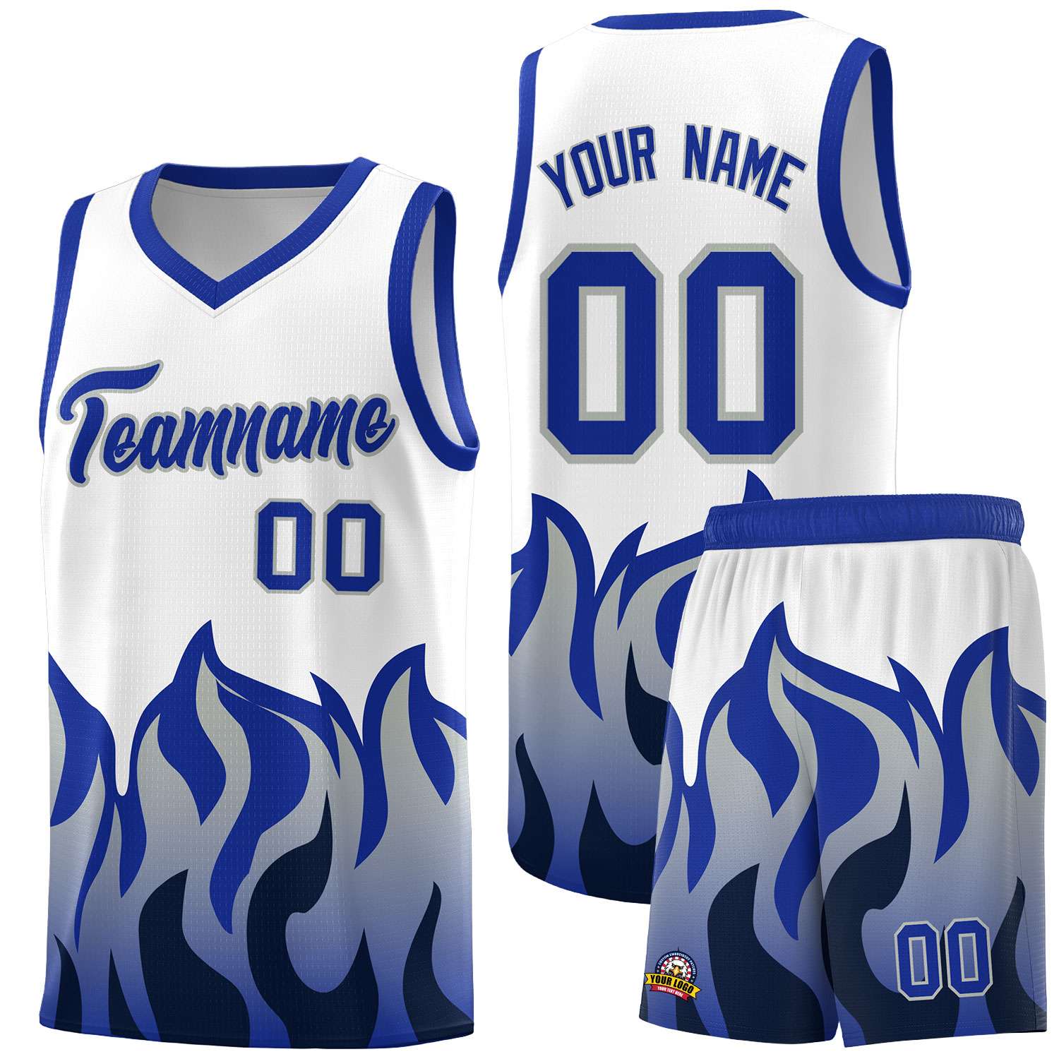Custom White Royal Hem Flame Pattern Fashion Sports Uniform Basketball Kits