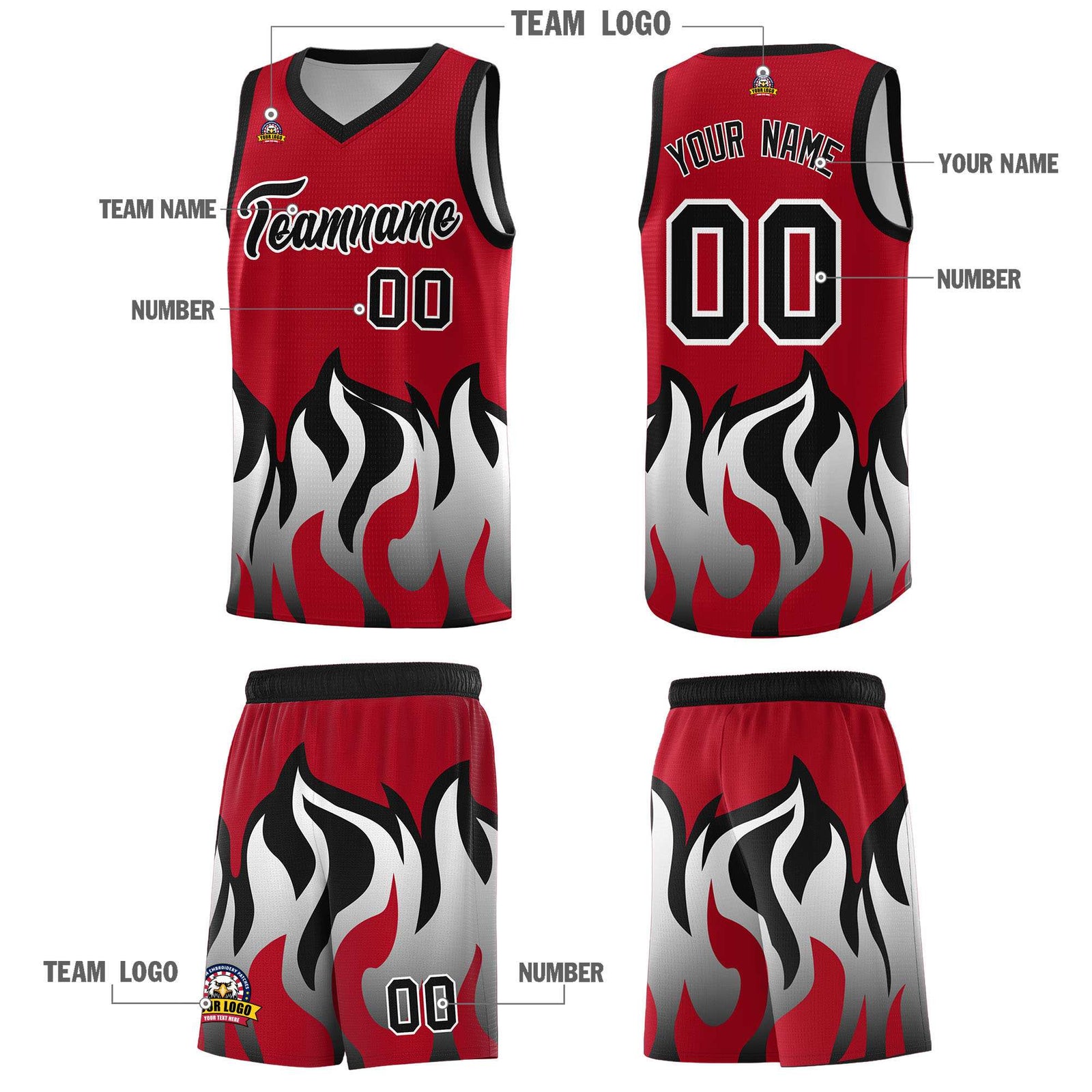 Custom Red Black Hem Flame Pattern Fashion Sports Uniform Basketball Kits