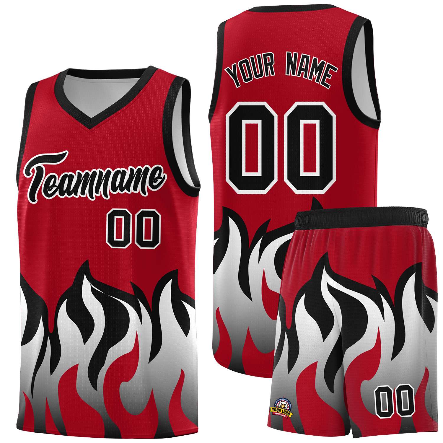 Custom Red Black Hem Flame Pattern Fashion Sports Uniform Basketball Kits