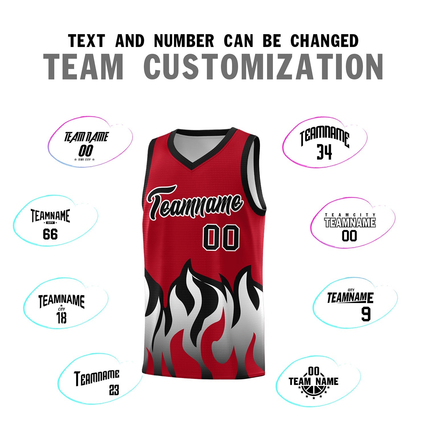 Custom Red Black Hem Flame Pattern Fashion Sports Uniform Basketball Kits