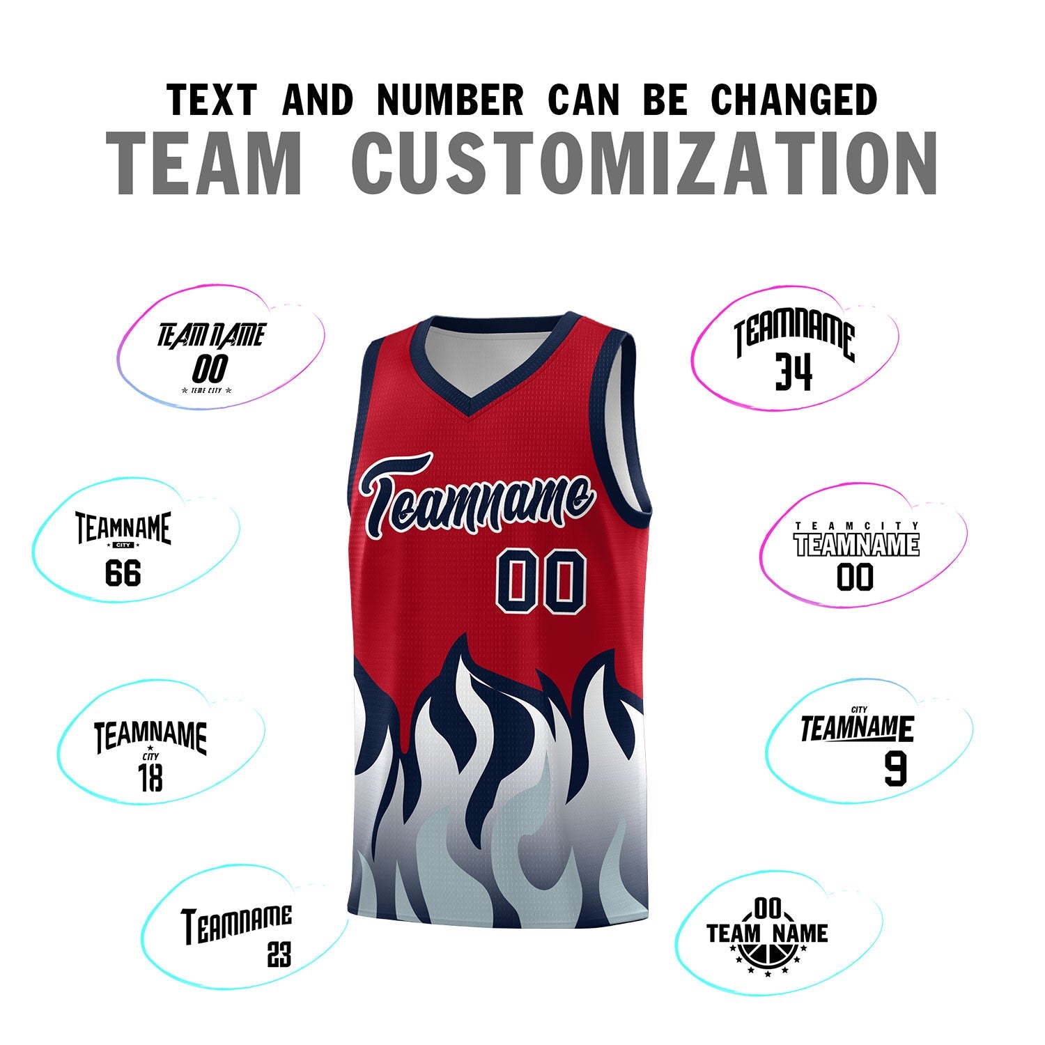 Custom Red Navy Hem Flame Pattern Fashion Sports Uniform Basketball Kits