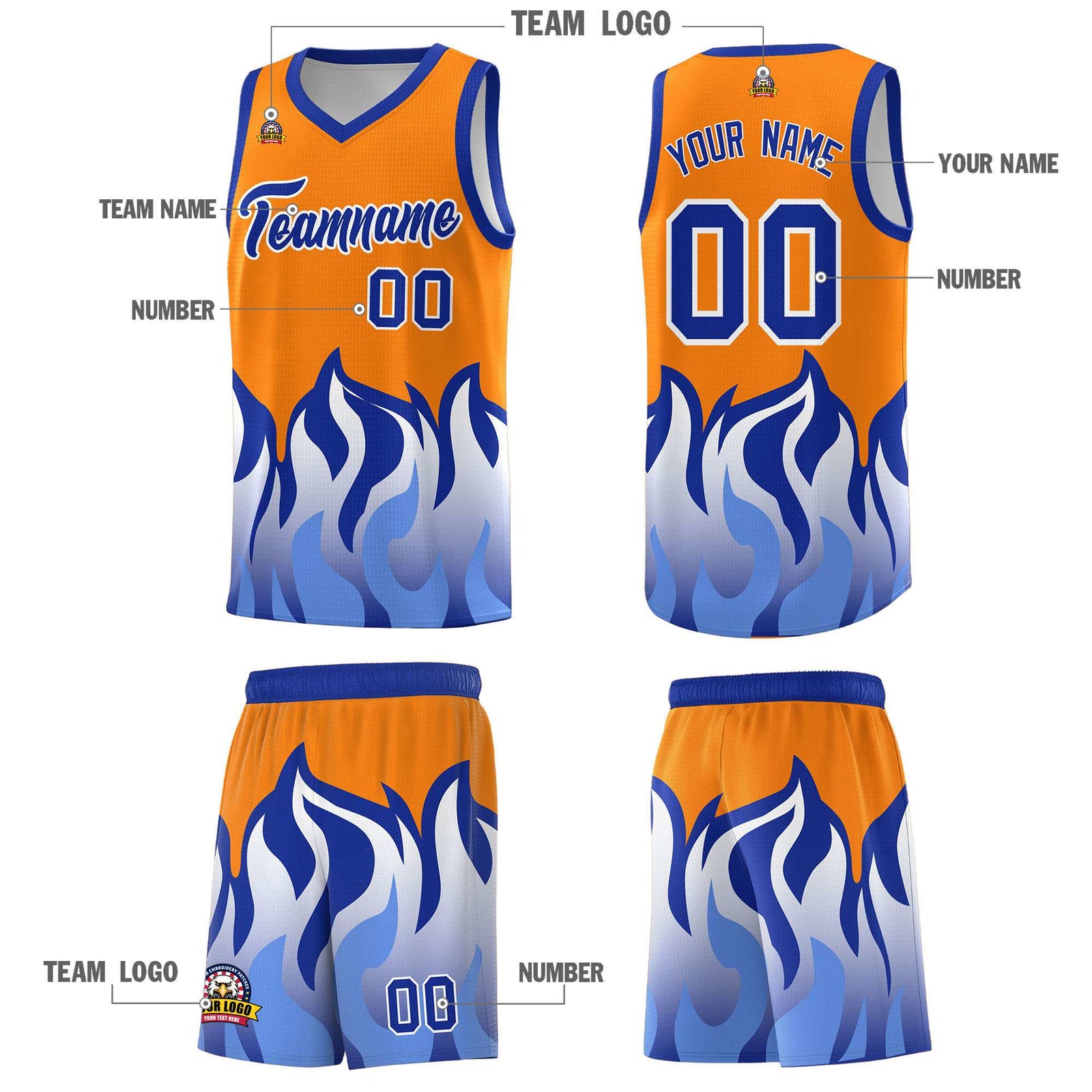 Custom Orange Royal Hem Flame Pattern Fashion Sports Uniform Basketball Kits