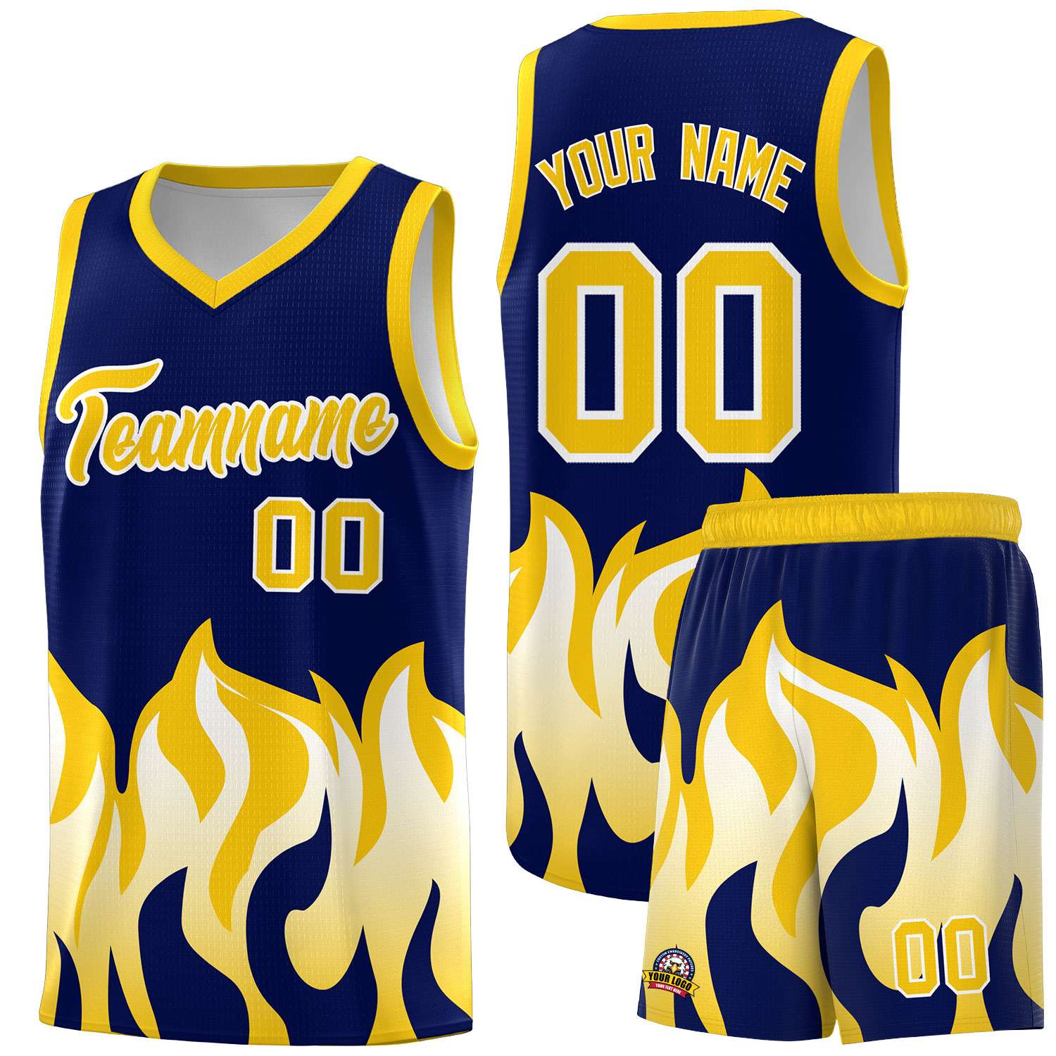 Custom Navy Gold Hem Flame Pattern Fashion Sports Uniform Basketball Kits