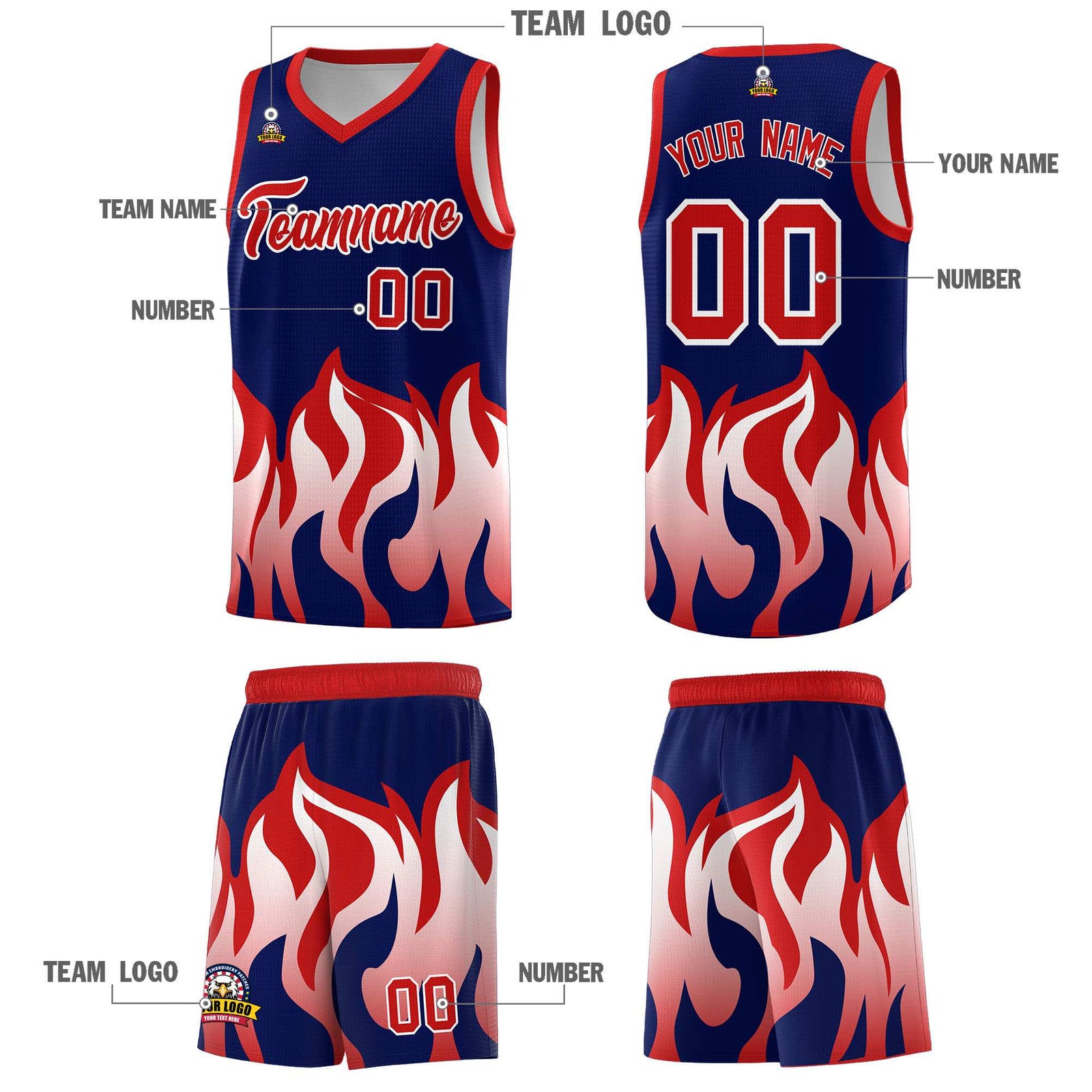 Custom Navy Red Hem Flame Pattern Fashion Sports Uniform Basketball Kits