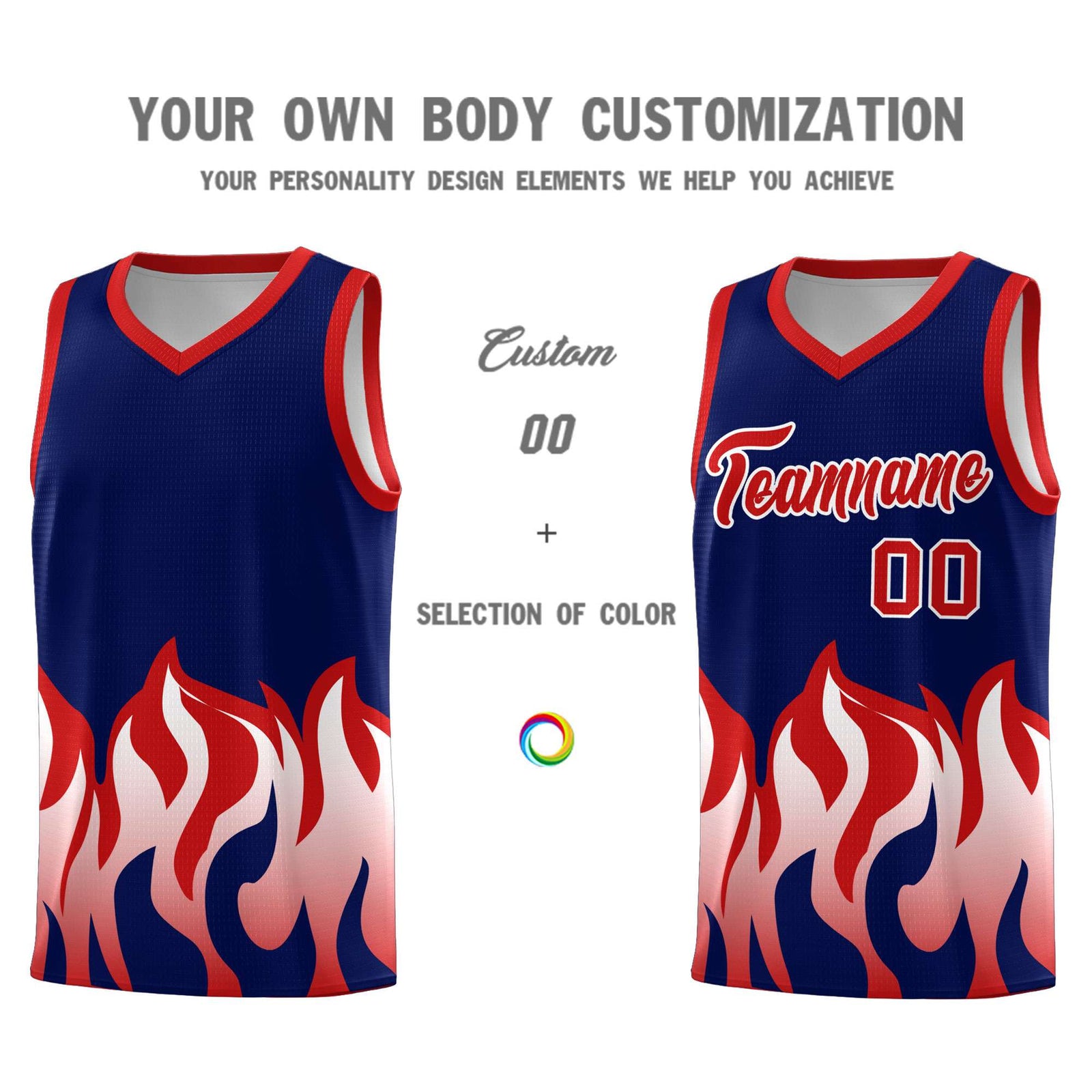 Custom Navy Red Hem Flame Pattern Fashion Sports Uniform Basketball Kits