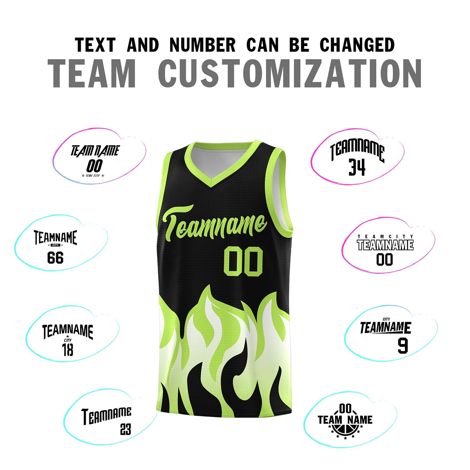 Custom Black Fluorescent Green Hem Flame Pattern Fashion Sports Uniform Basketball Kits