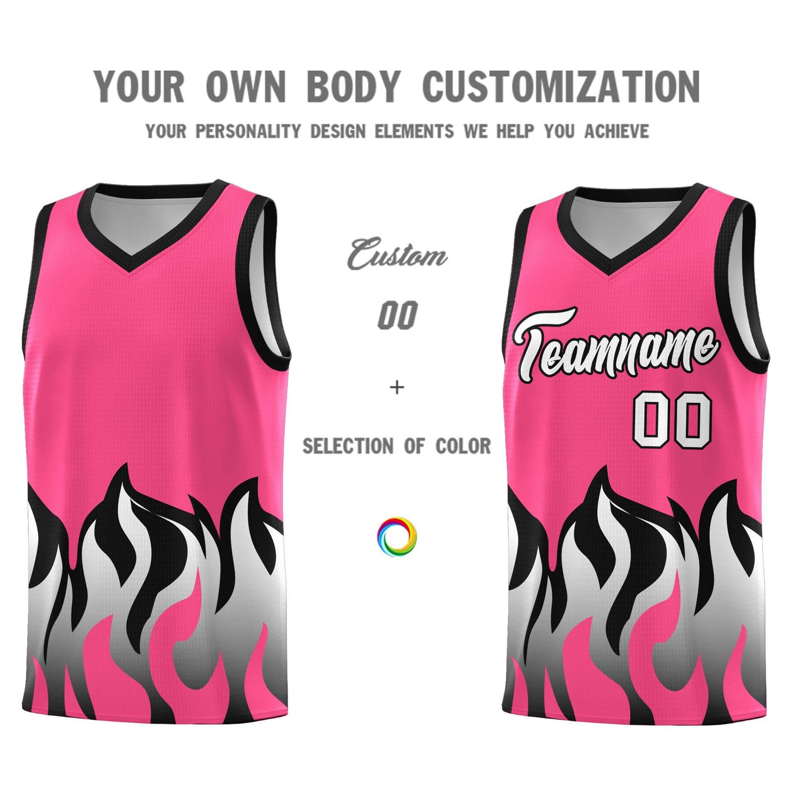 Custom Pink Black Hem Flame Pattern Fashion Sports Uniform Basketball Kits