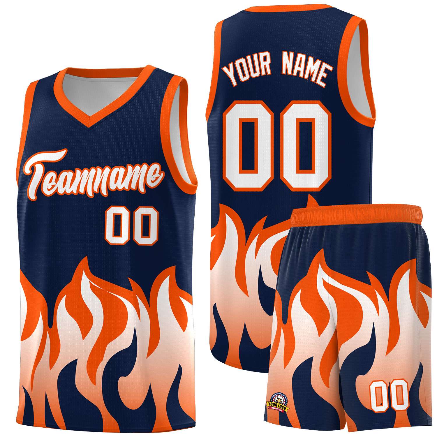Custom Navy Orange Hem Flame Pattern Fashion Sports Uniform Basketball Kits
