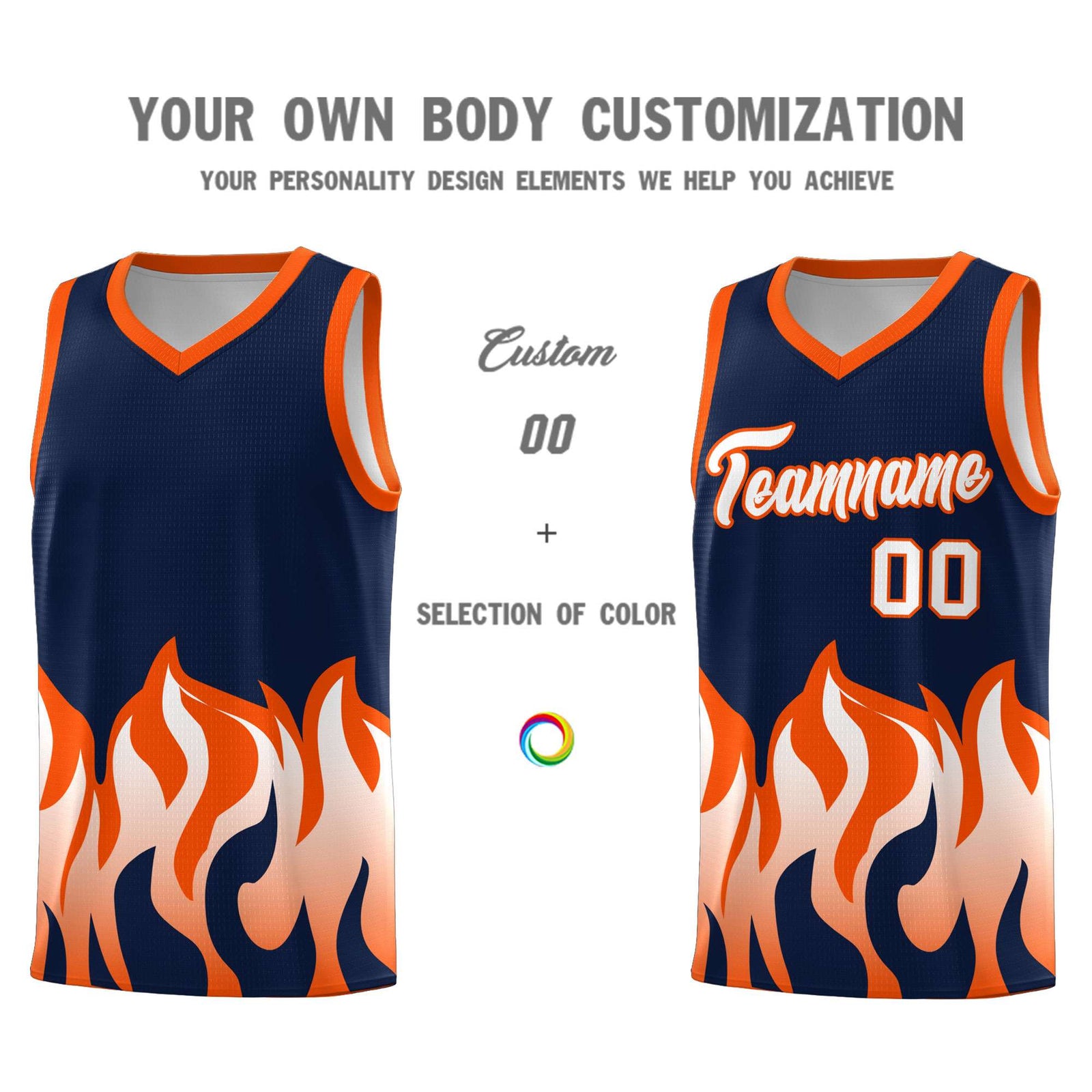 Custom Navy Orange Hem Flame Pattern Fashion Sports Uniform Basketball Kits