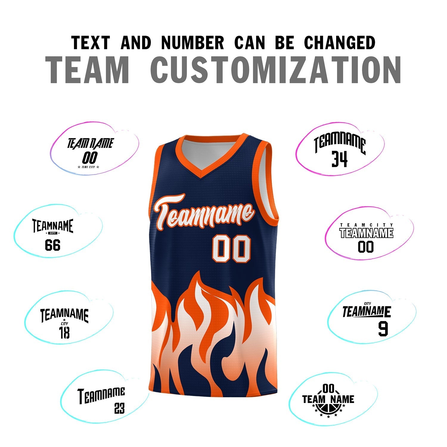 Custom Navy Orange Hem Flame Pattern Fashion Sports Uniform Basketball Kits