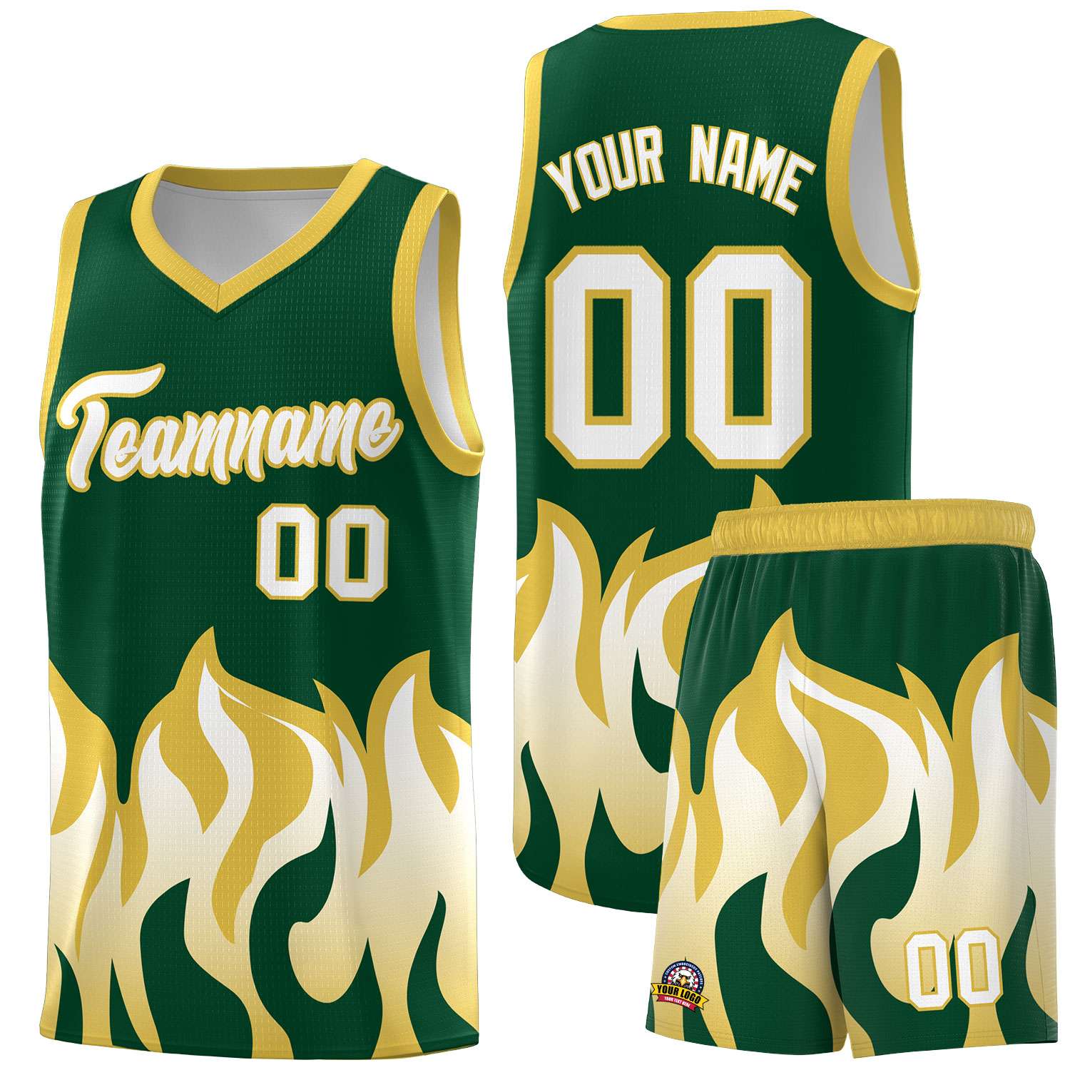 Custom Kelly Green Old Gold Hem Flame Pattern Fashion Sports Uniform Basketball Kits