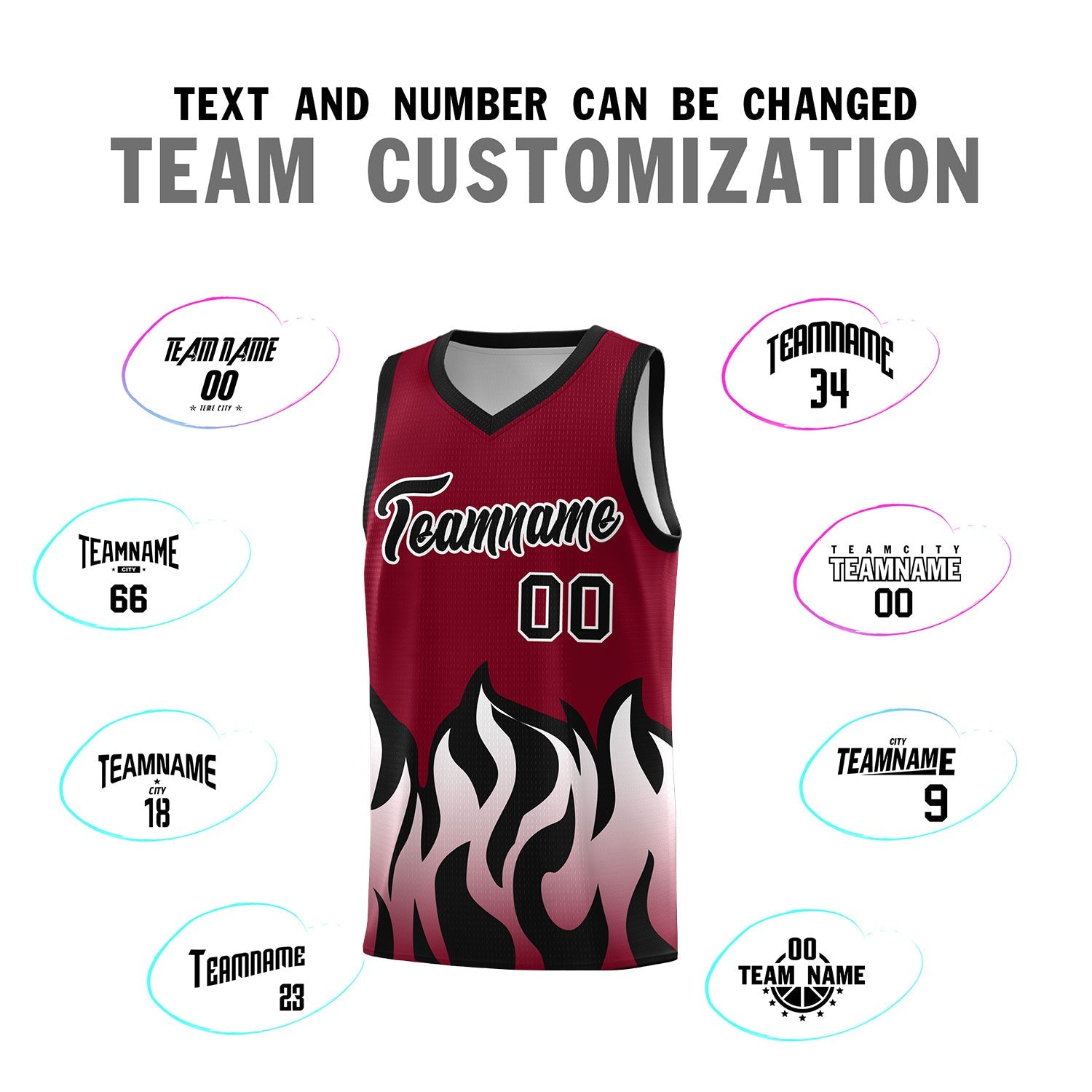 Custom Crimson Black Hem Flame Pattern Fashion Sports Uniform Basketball Kits