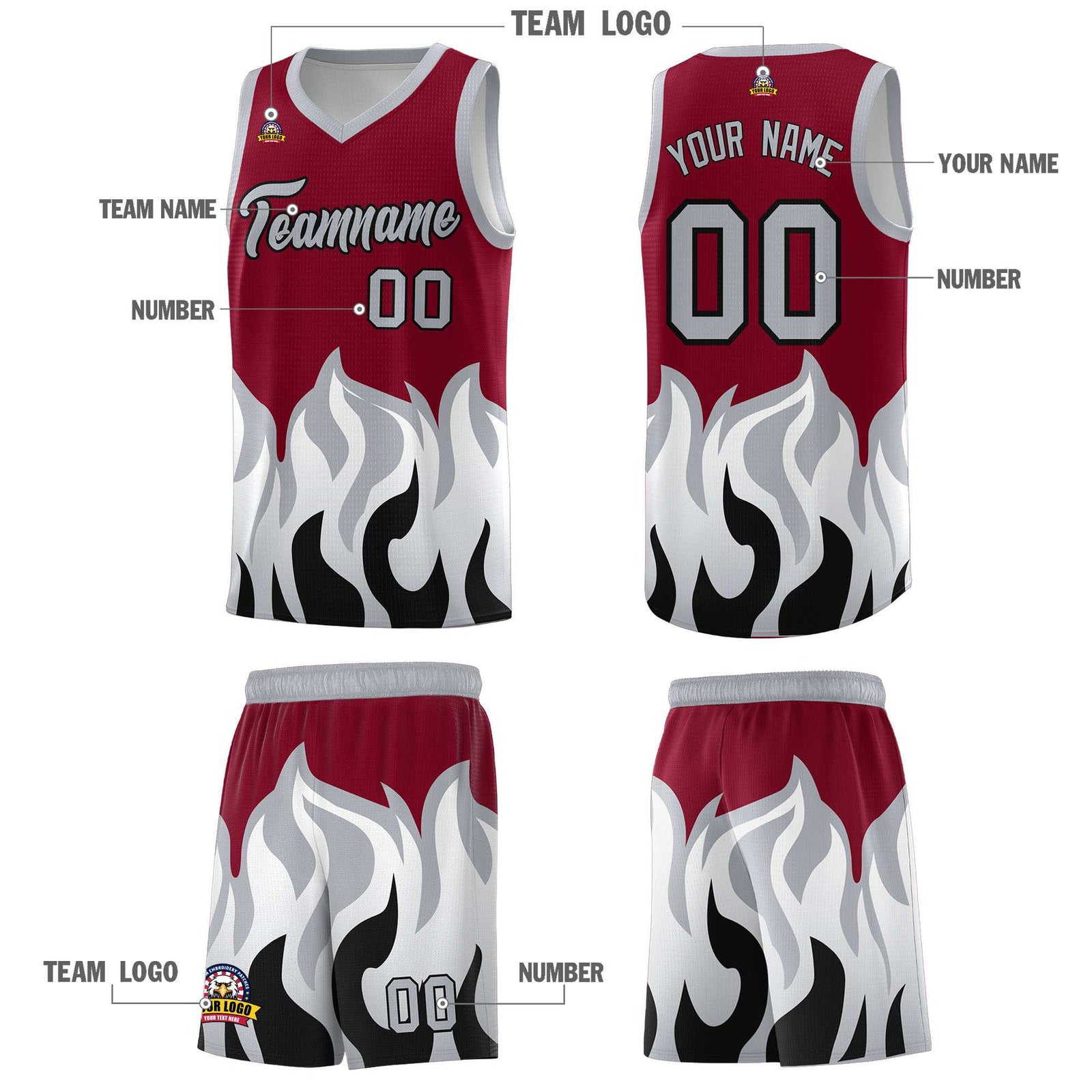 Custom Crimson Gray Hem Flame Pattern Fashion Sports Uniform Basketball Kits