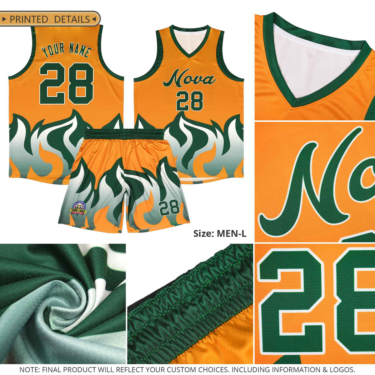 Custom Yellow Purple Hem Flame Pattern Fashion Sports Uniform Basketball Kits