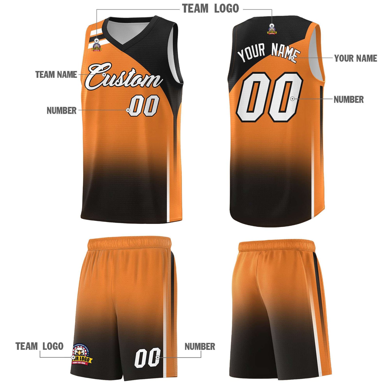 Custom Gold Orange Black Gradient Fashion Sets Sports Uniform Basketball Jersey