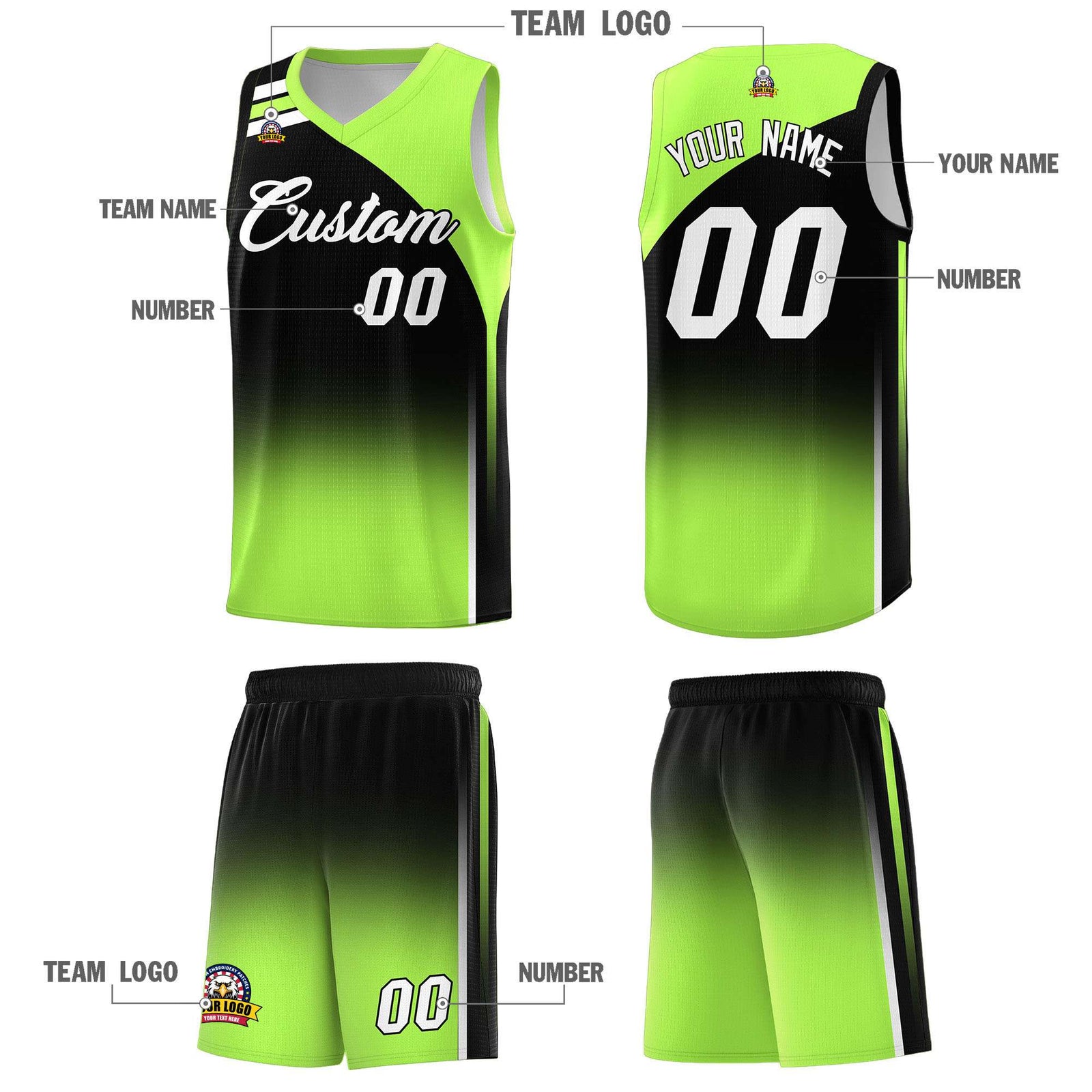 Custom Black Fluorescent Green Gradient Fashion Sets Sports Uniform Basketball Jersey
