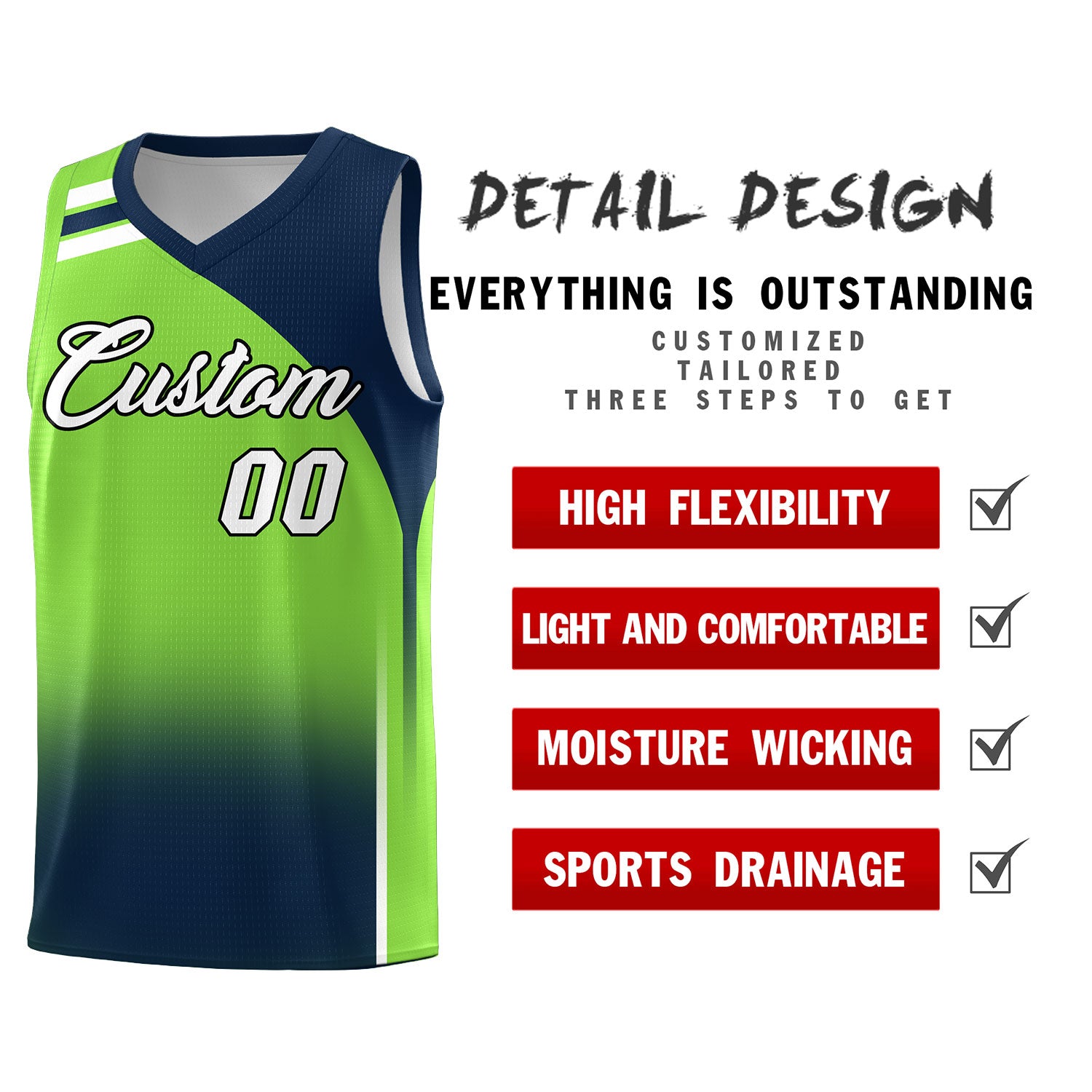 Custom Fluorescent Green Navy Gradient Fashion Sets Sports Uniform Basketball Jersey
