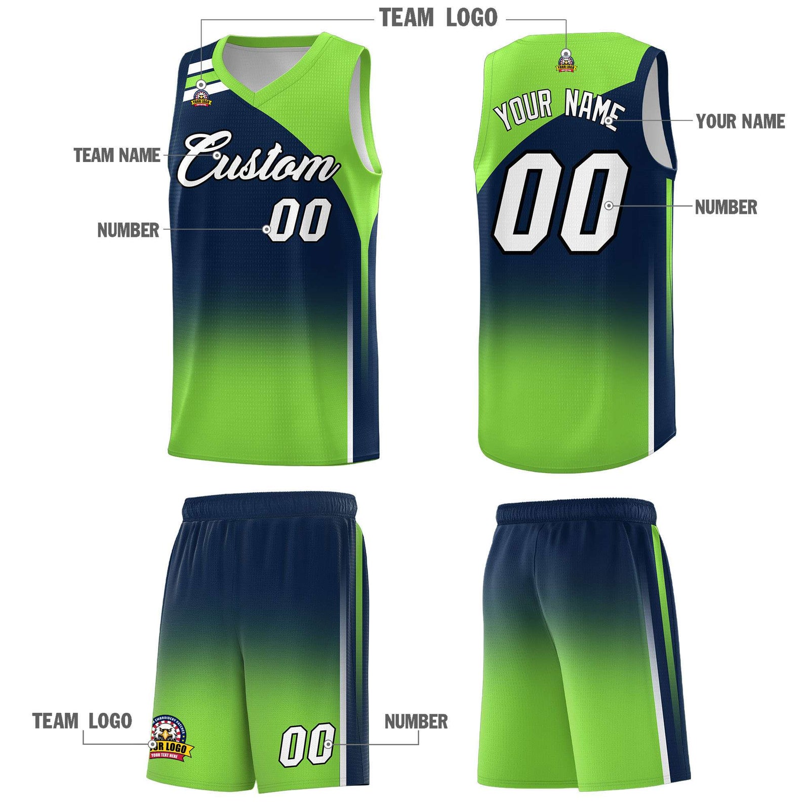 Custom Navy Fluorescent Green Gradient Fashion Sets Sports Uniform Basketball Jersey