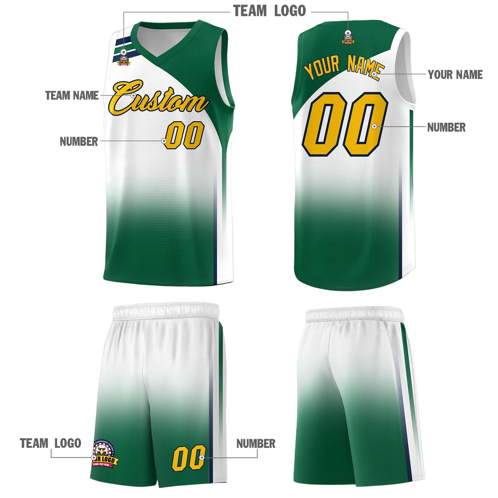Custom White Kelly Green Gradient Fashion Sets Sports Uniform Basketball Jersey