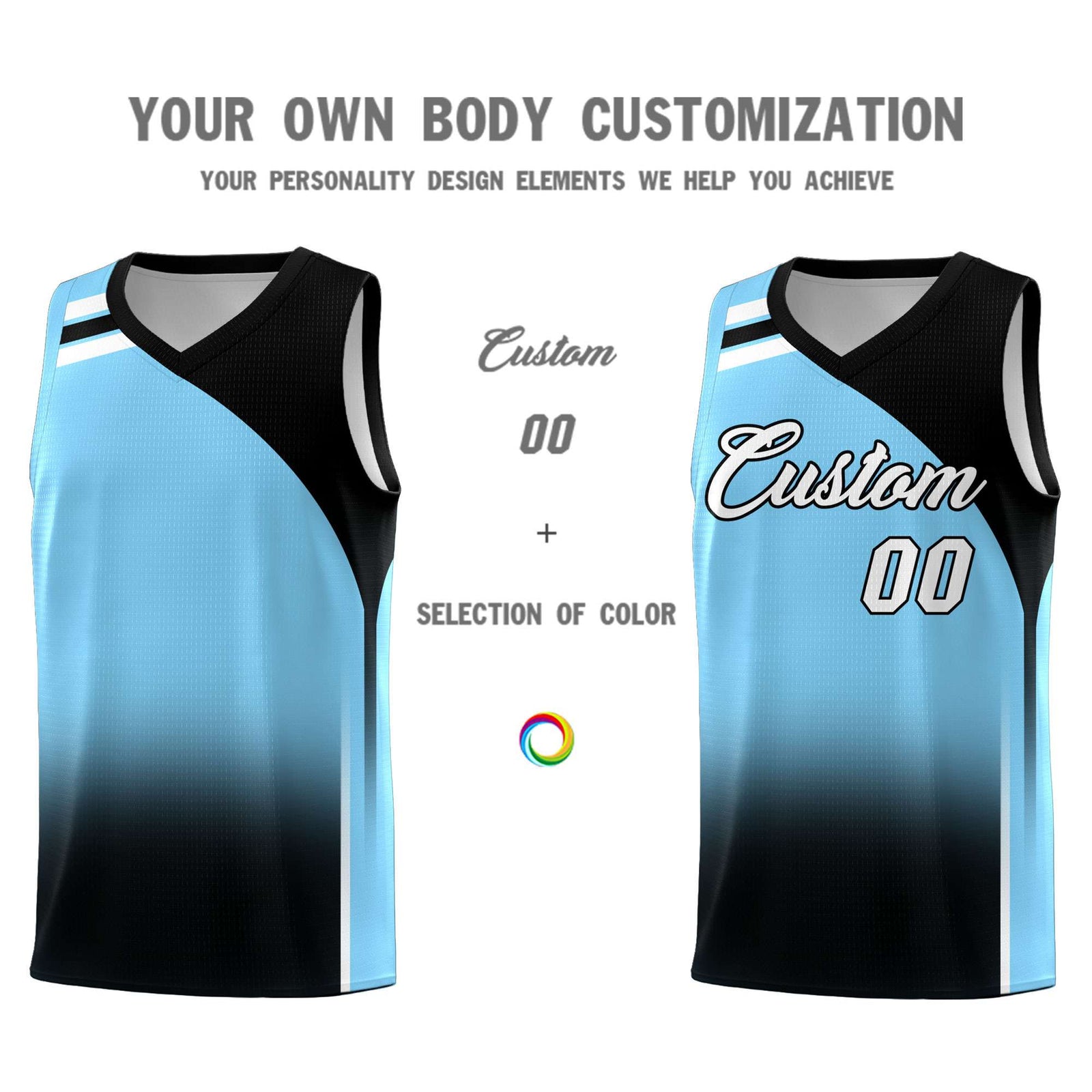 Custom Light Blue Black Gradient Fashion Sets Sports Uniform Basketball Jersey