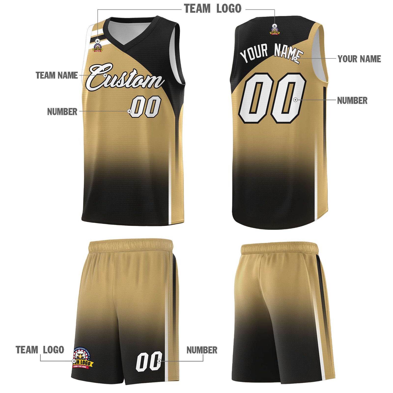 Custom Old Gold Black Gradient Fashion Sets Sports Uniform Basketball Jersey