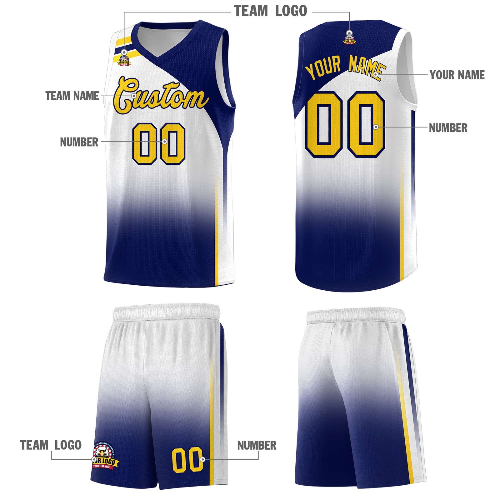 Custom White Navy Gradient Fashion Sets Sports Uniform Basketball Jersey