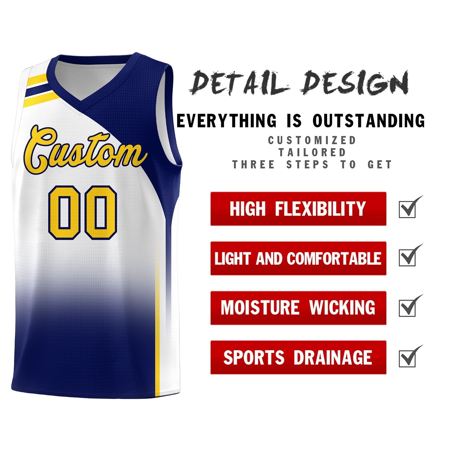 Custom White Navy Gradient Fashion Sets Sports Uniform Basketball Jersey