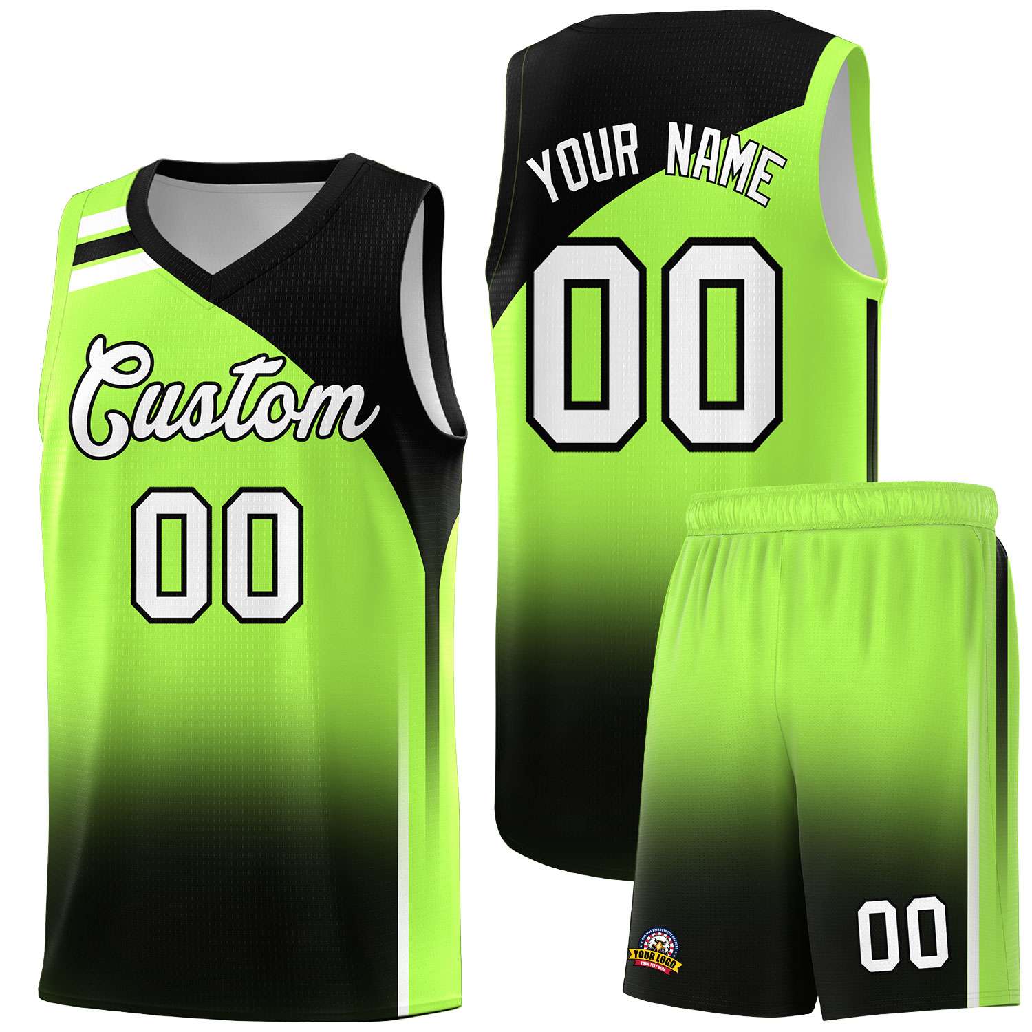 Custom Fluorescent Green Black Gradient Fashion Sets Sports Uniform Basketball Jersey