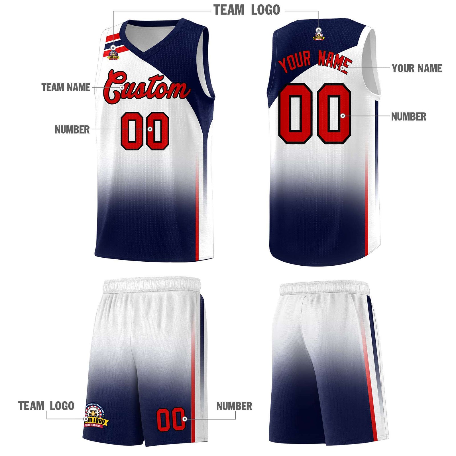 Custom White Navy Gradient Fashion Sets Sports Uniform Basketball Jersey