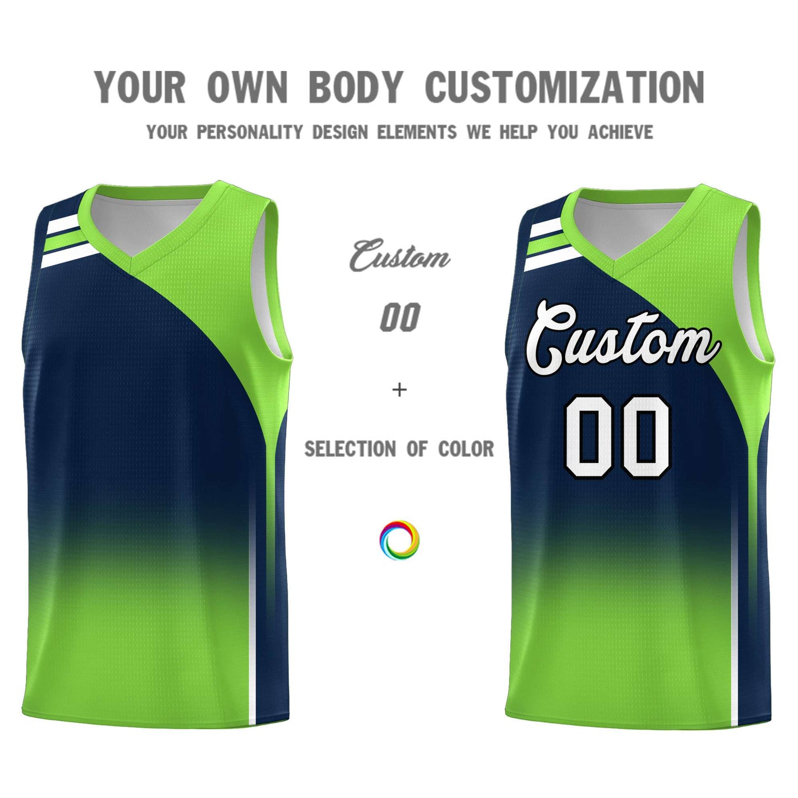 Custom Navy Fluorescent Green Gradient Fashion Sets Sports Uniform Basketball Jersey