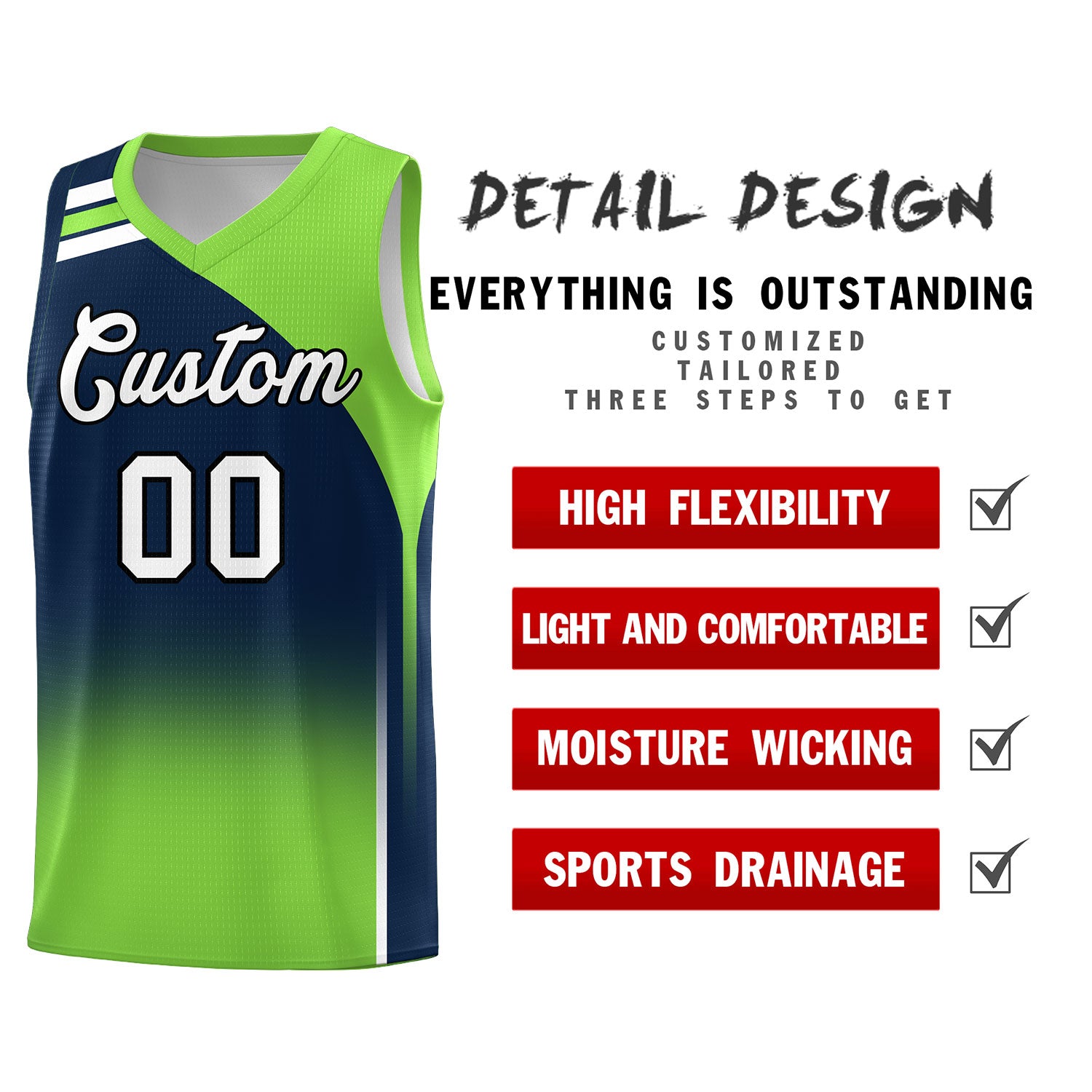 Custom Navy Fluorescent Green Gradient Fashion Sets Sports Uniform Basketball Jersey