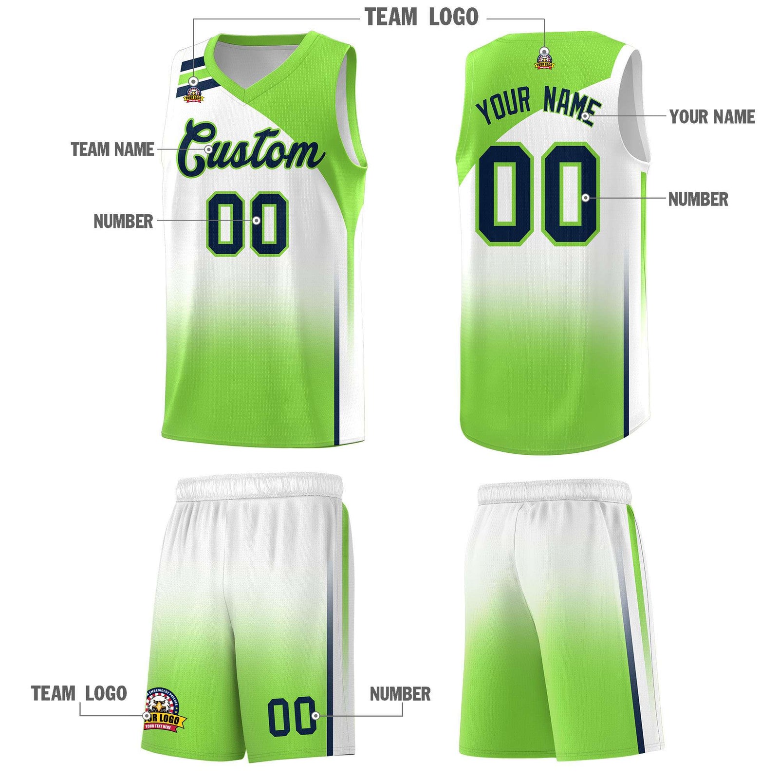 Custom White Fluorescent Green Gradient Fashion Sets Sports Uniform Basketball Jersey