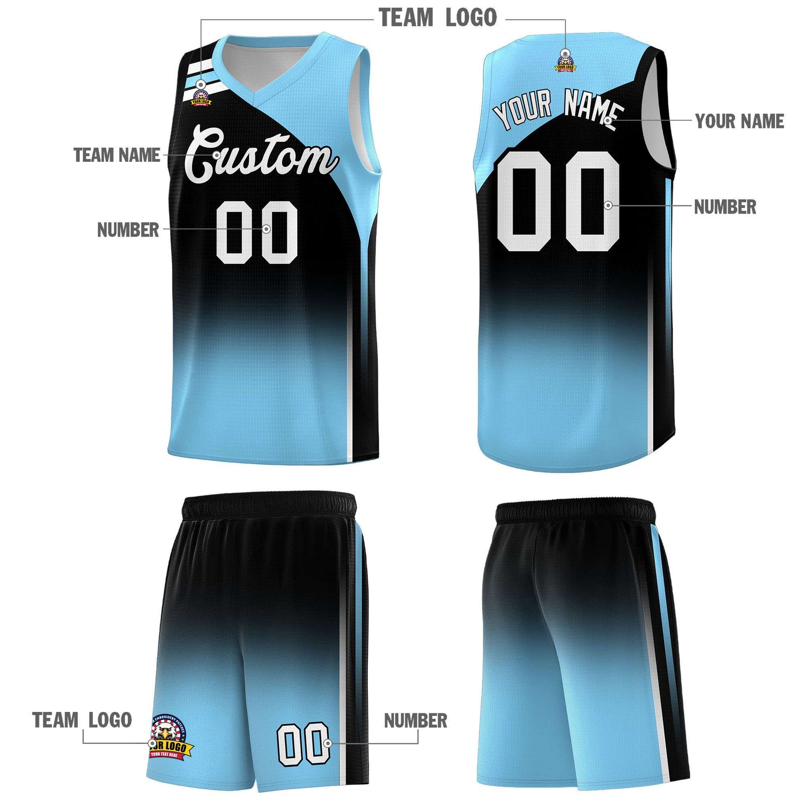 Custom Black Light Blue Gradient Fashion Sets Sports Uniform Basketball Jersey