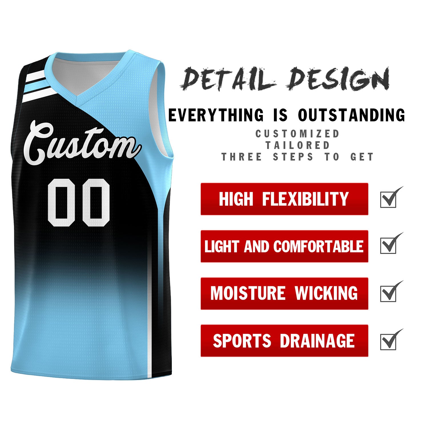 Custom Black Light Blue Gradient Fashion Sets Sports Uniform Basketball Jersey