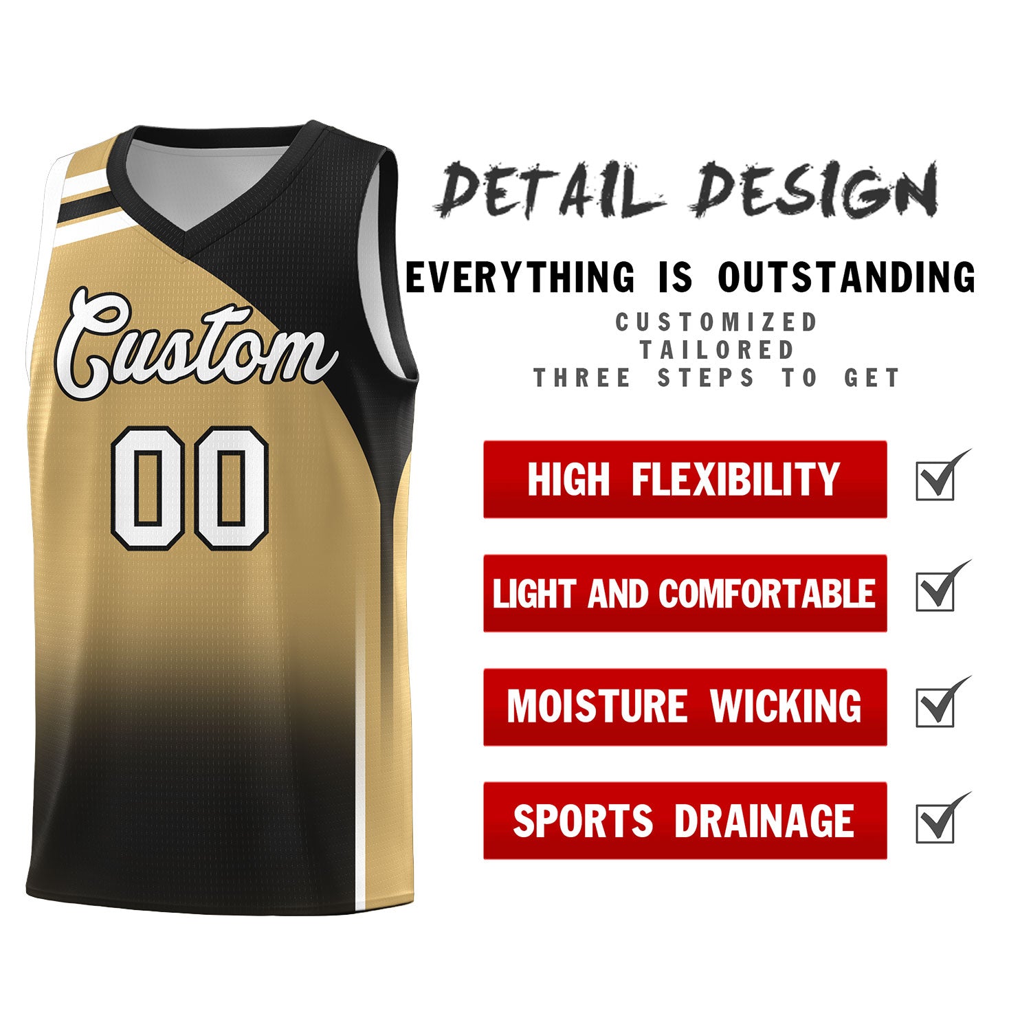 Custom Old Gold Black Gradient Fashion Sets Sports Uniform Basketball Jersey