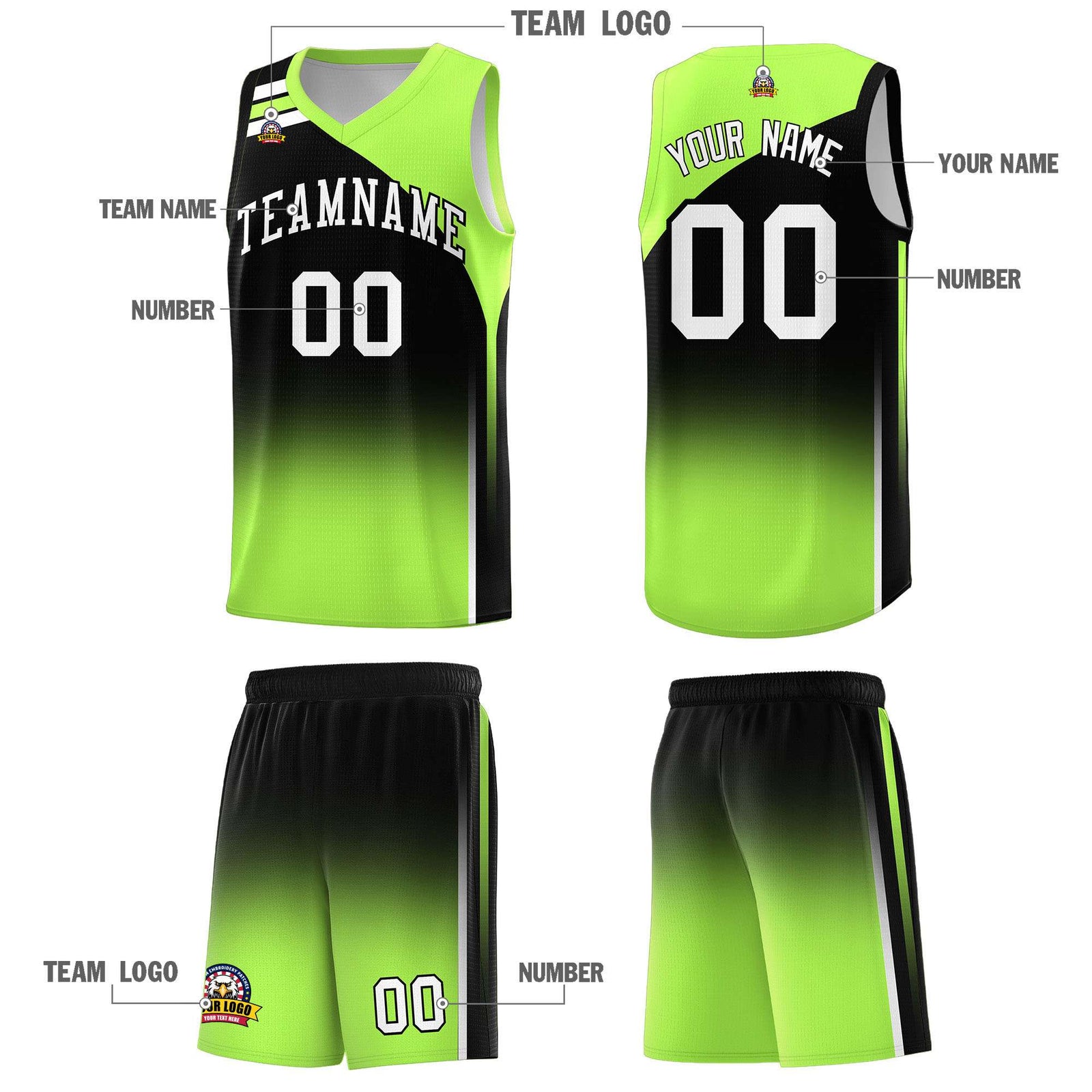 Custom Black Fluorescent Green Gradient Fashion Sets Sports Uniform Basketball Jersey